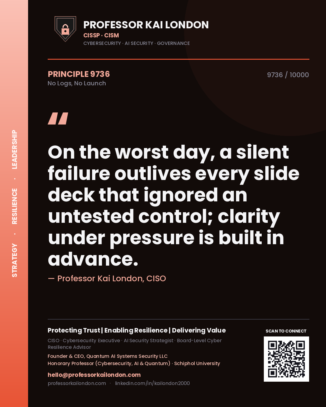 Quote card by Professor Kai London reading 'On the worst day, a silent failure outlives every slide deck that ignored an untested control; clarity under pressure is built in advance.'. From the book No Logs, No Launch.