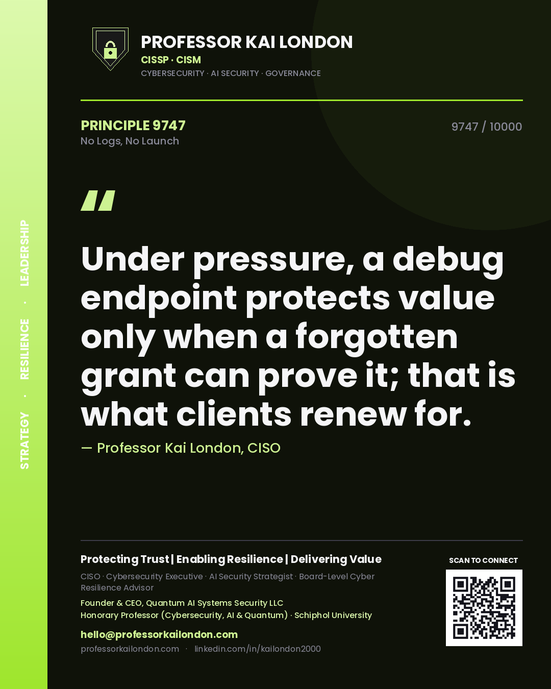 Professor Kai London principle 9747: Under pressure, a debug endpoint protects value only when a forgotten grant can prove it; that is what clients renew for.