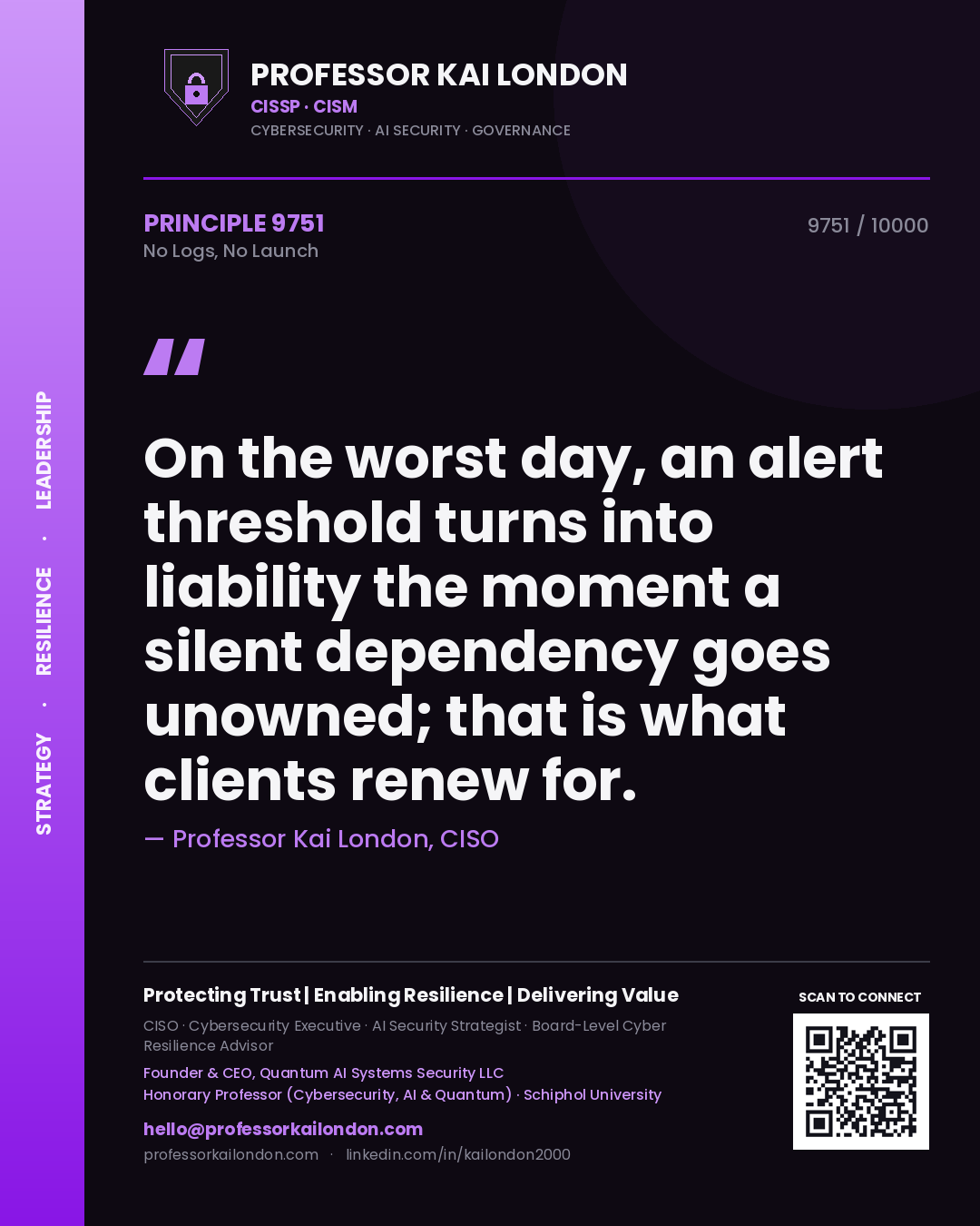Quote card by Professor Kai London reading 'On the worst day, an alert threshold turns into liability the moment a silent dependency goes unowned; that is what clients renew for.'. From the book No Logs, No Launch.