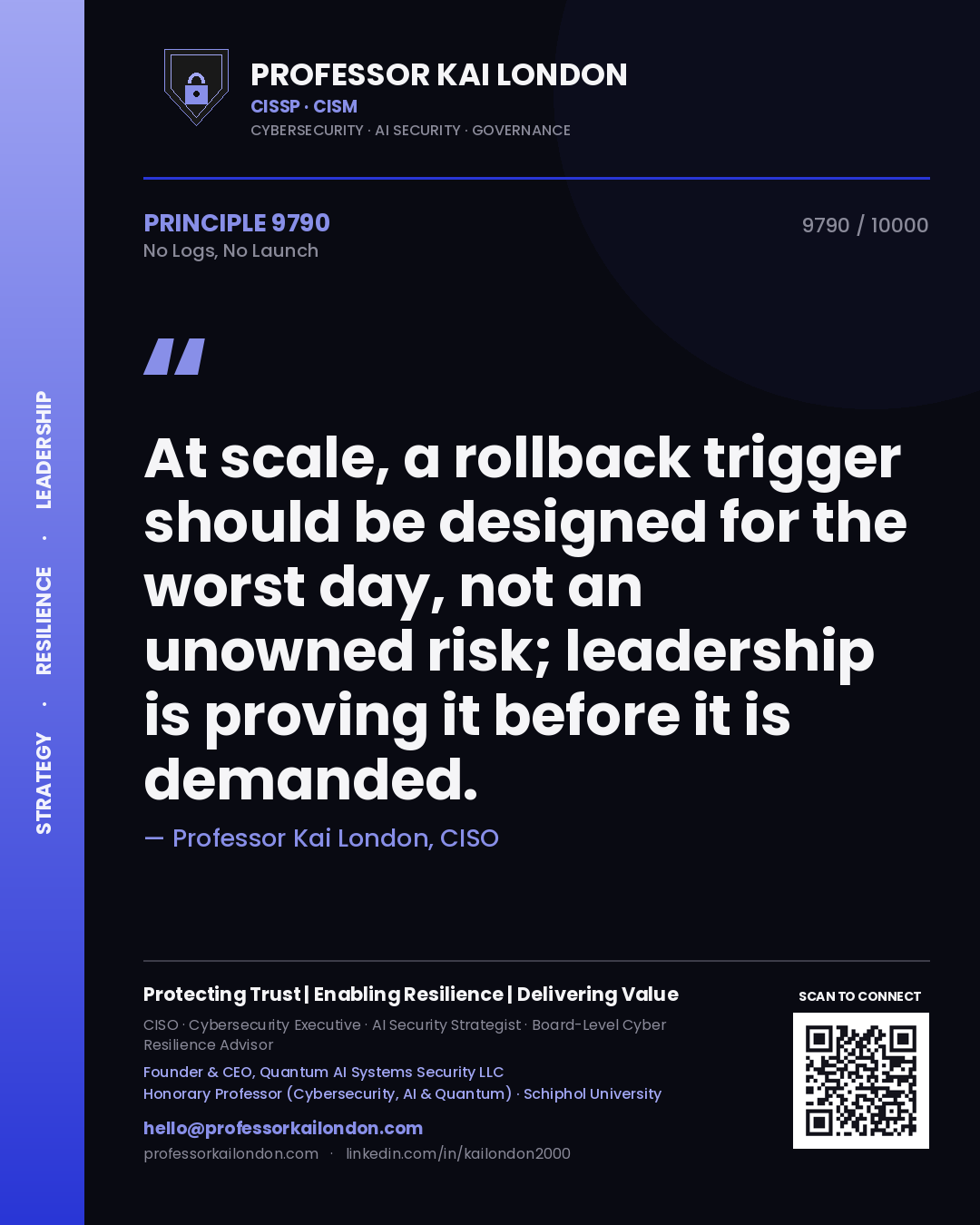 Professor Kai London principle 9790: At scale, a rollback trigger should be designed for the worst day, not an unowned risk; leadership is proving it before it is demanded.