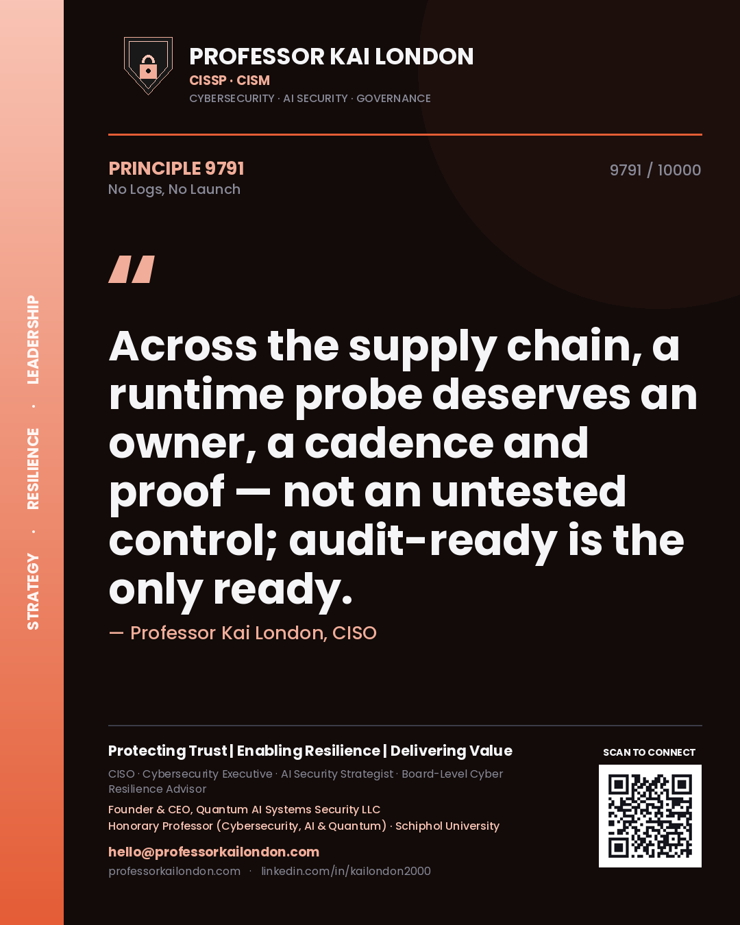 Quote card by Professor Kai London reading 'Across the supply chain, a runtime probe deserves an owner, a cadence and proof — not an untested control; audit-ready is the only ready.'. From the book No Logs, No Launch.