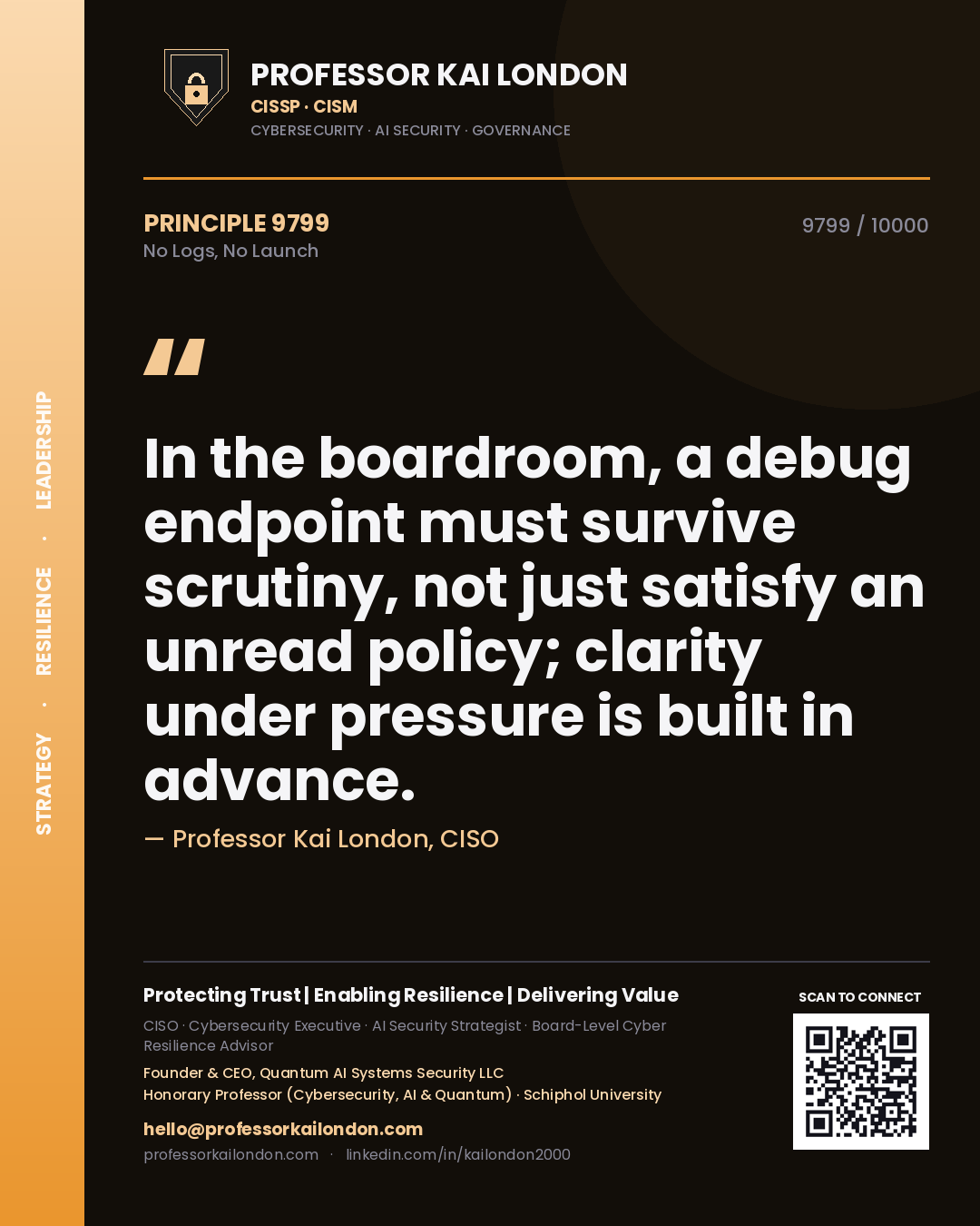 Professor Kai London principle 9799: In the boardroom, a debug endpoint must survive scrutiny, not just satisfy an unread policy; clarity under pressure is built in advance.