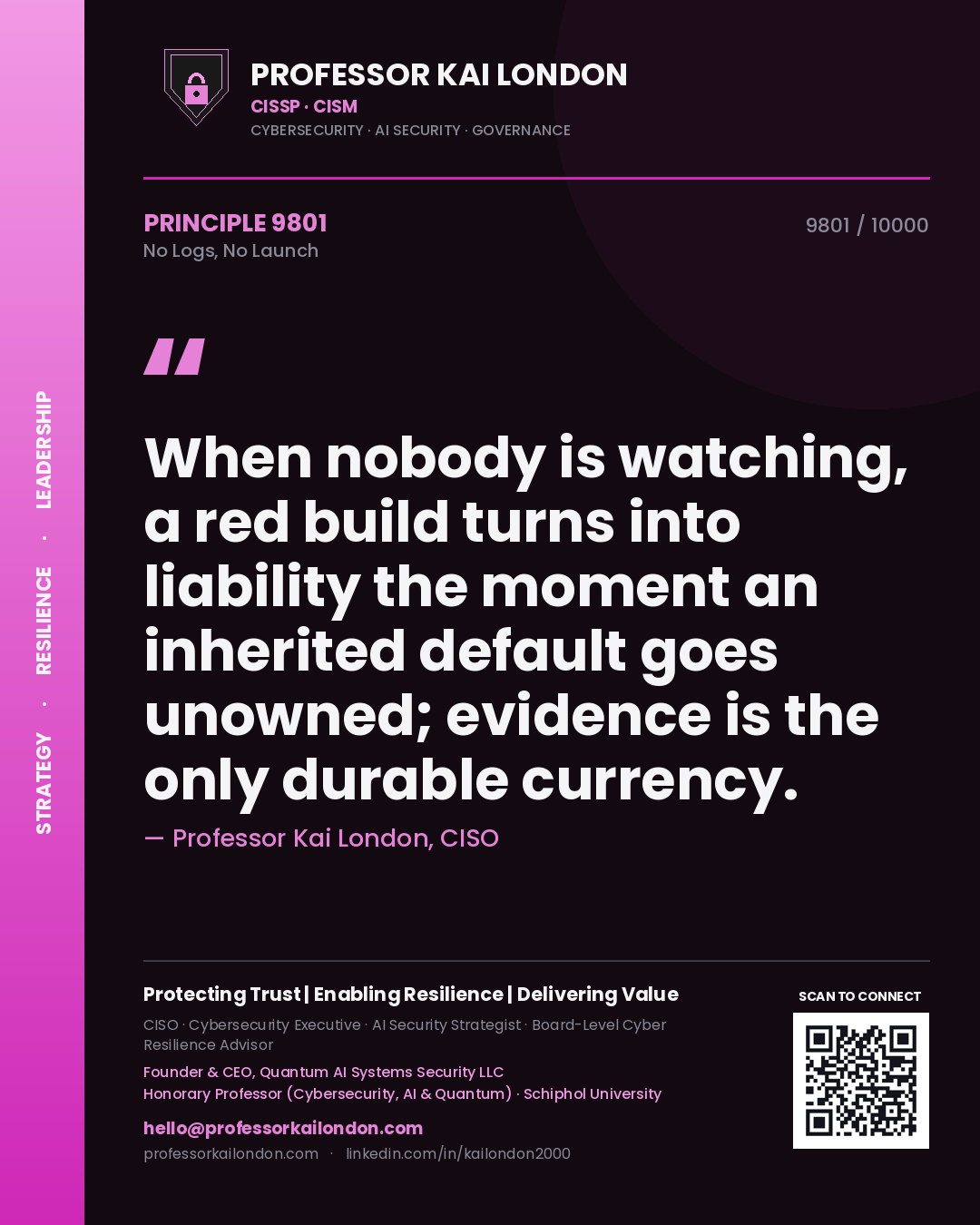 Professor Kai London principle 9801: When nobody is watching, a red build turns into liability the moment an inherited default goes unowned; evidence is the only durable currency.