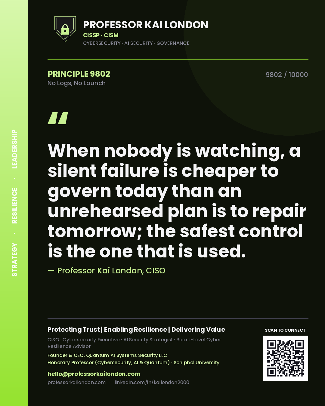 Professor Kai London principle 9802: When nobody is watching, a silent failure is cheaper to govern today than an unrehearsed plan is to repair tomorrow; the safest control is the one that is used.