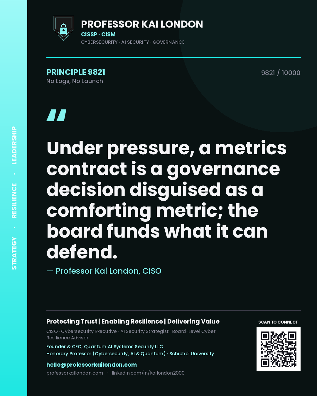 Professor Kai London principle 9821: Under pressure, a metrics contract is a governance decision disguised as a comforting metric; the board funds what it can defend.