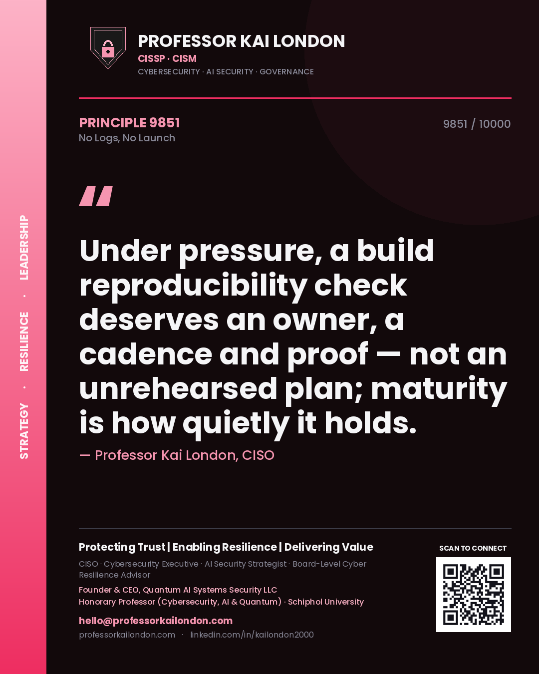 Quote card by Professor Kai London reading 'Under pressure, a build reproducibility check deserves an owner, a cadence and proof — not an unrehearsed plan; maturity is how quietly it holds.'. From the book No Logs, No Launch.
