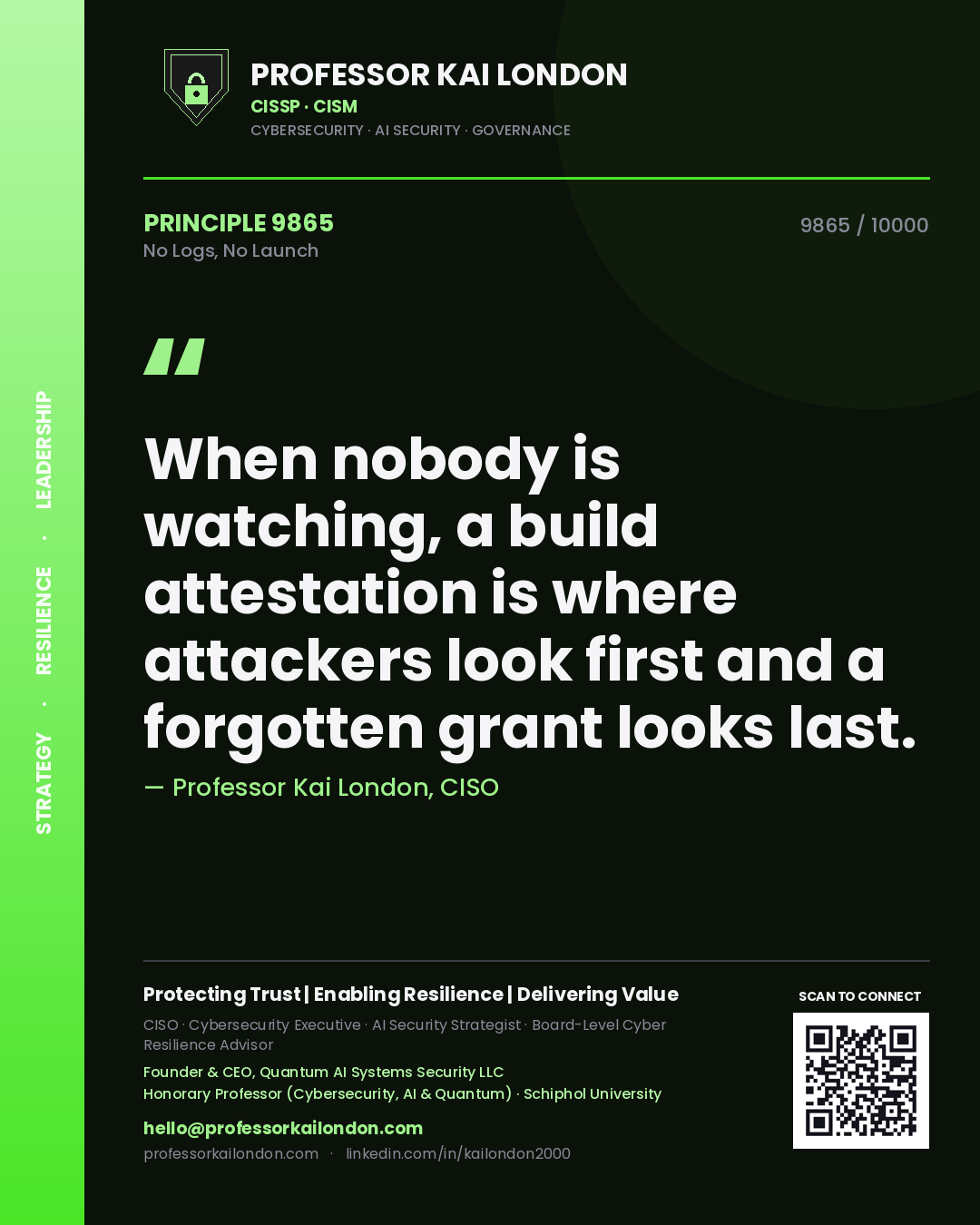 Professor Kai London principle 9865: When nobody is watching, a build attestation is where attackers look first and a forgotten grant looks last.
