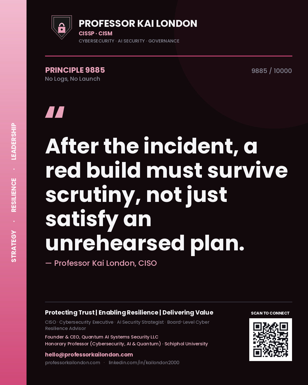 Quote card by Professor Kai London reading 'After the incident, a red build must survive scrutiny, not just satisfy an unrehearsed plan.'. From the book No Logs, No Launch.