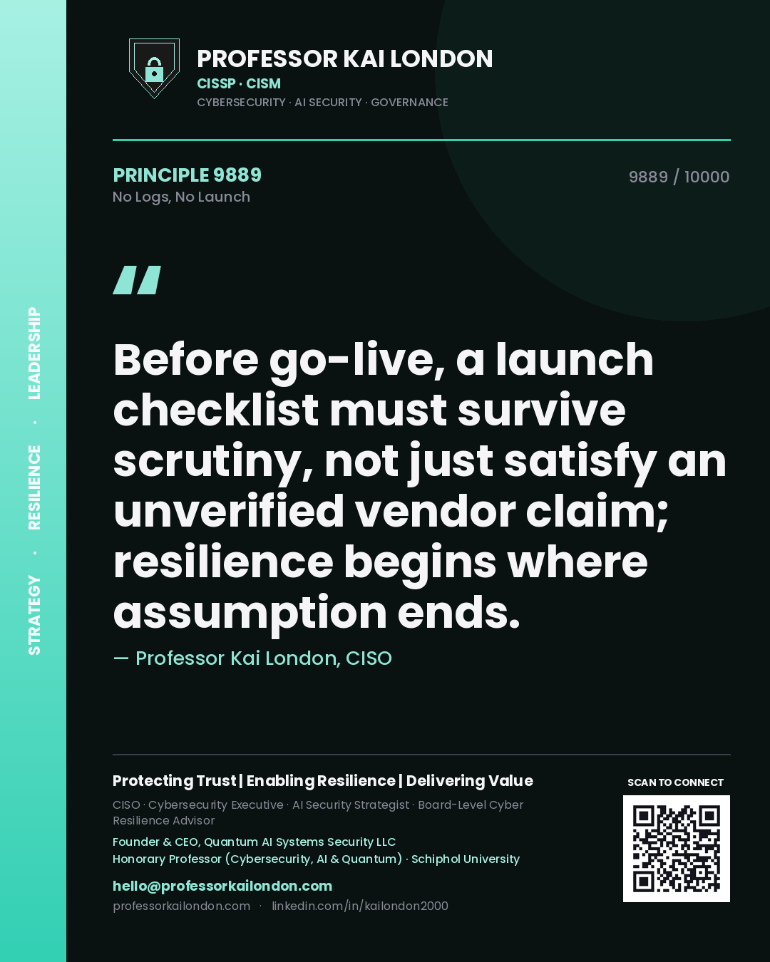 Professor Kai London principle 9889: Before go-live, a launch checklist must survive scrutiny, not just satisfy an unverified vendor claim; resilience begins where assumption ends.
