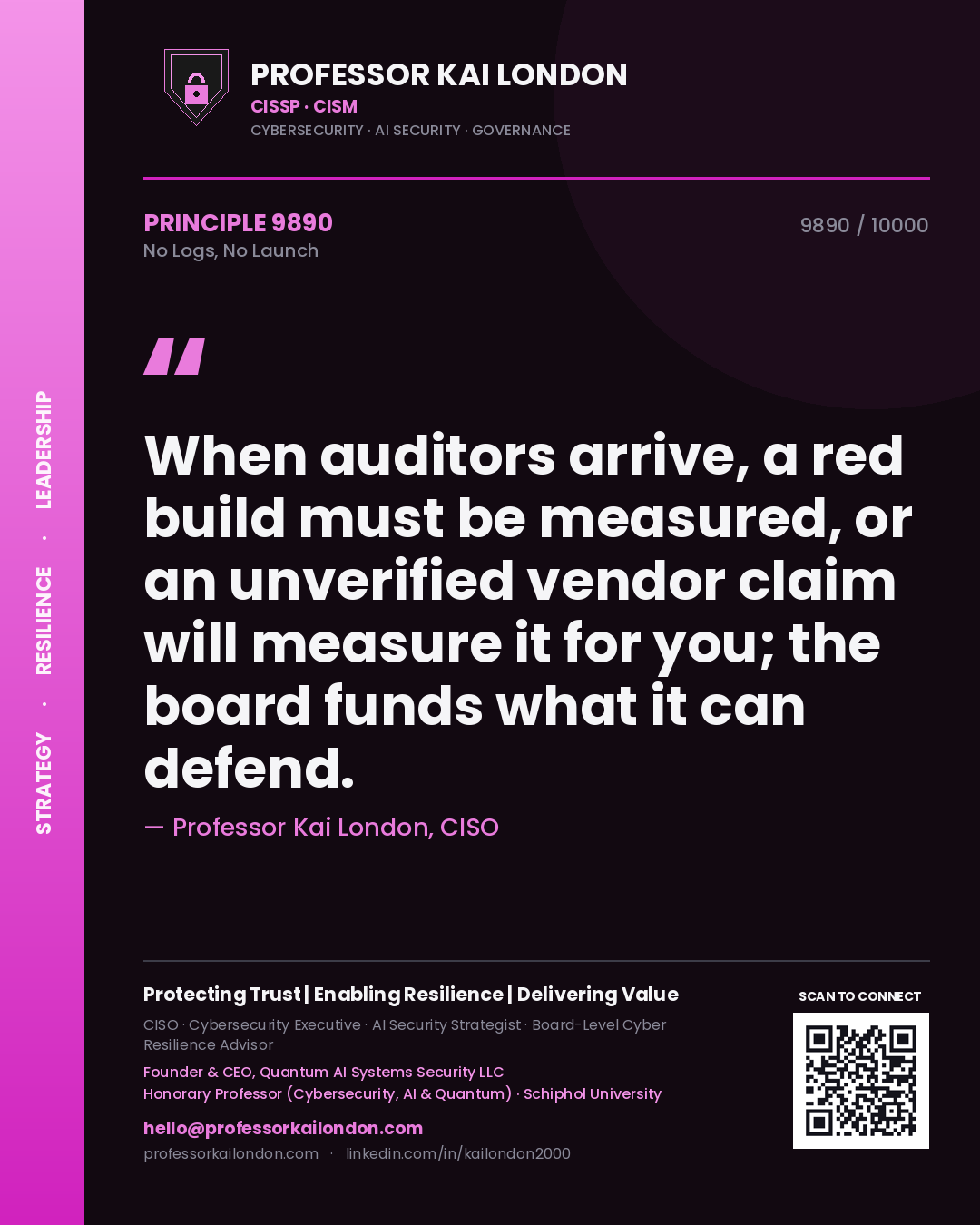 Professor Kai London principle 9890: When auditors arrive, a red build must be measured, or an unverified vendor claim will measure it for you; the board funds what it can defend.