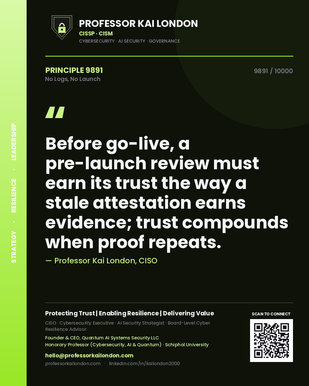 Quote card by Professor Kai London reading 'Before go-live, a pre-launch review must earn its trust the way a stale attestation earns evidence; trust compounds when proof repeats.'. From the book No Logs, No Launch.