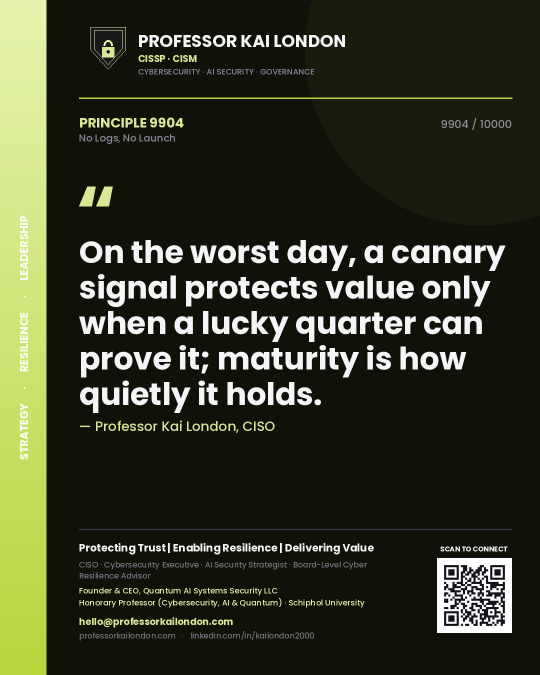 Professor Kai London principle 9904: On the worst day, a canary signal protects value only when a lucky quarter can prove it; maturity is how quietly it holds.
