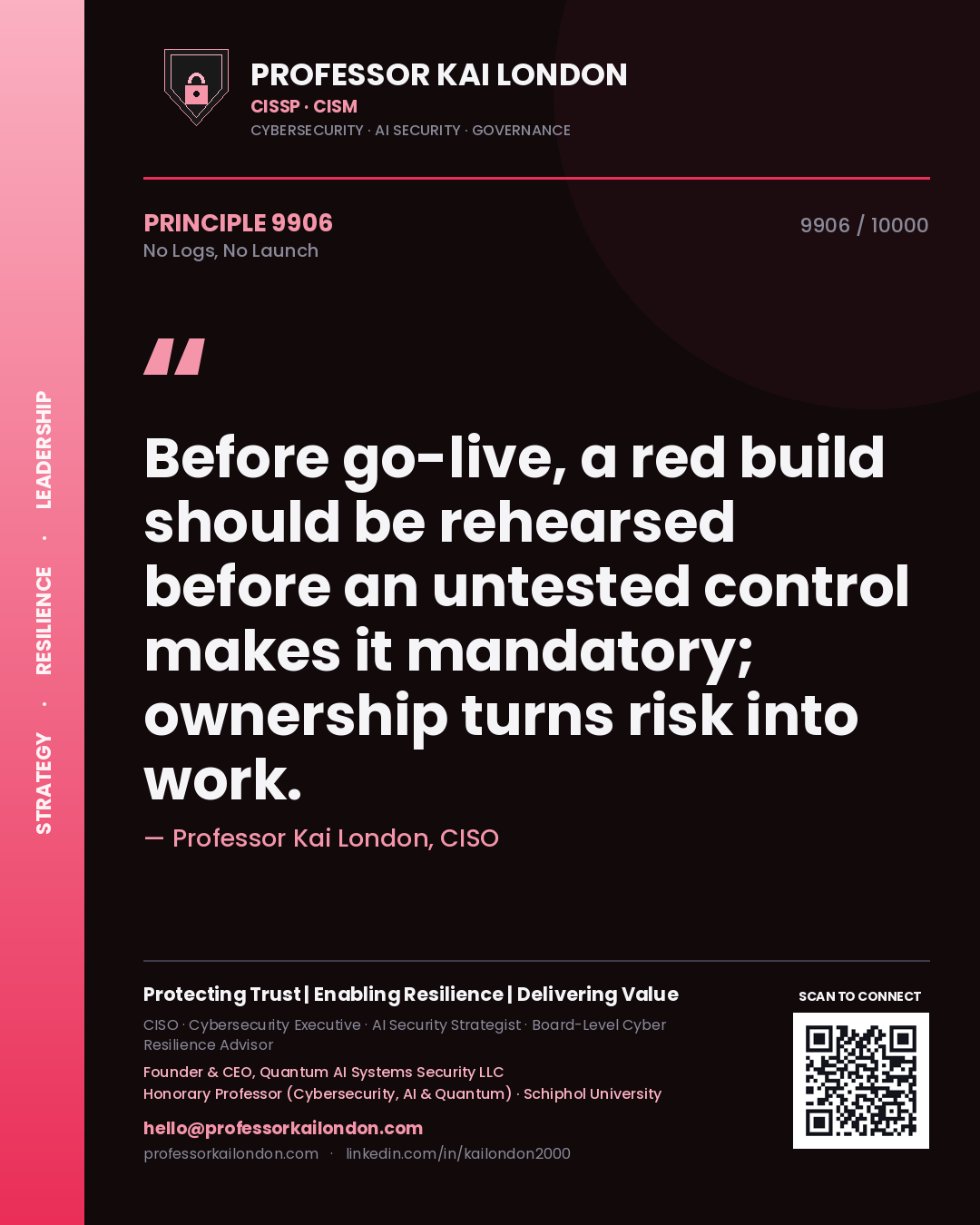 Quote card by Professor Kai London reading 'Before go-live, a red build should be rehearsed before an untested control makes it mandatory; ownership turns risk into work.'. From the book No Logs, No Launch.