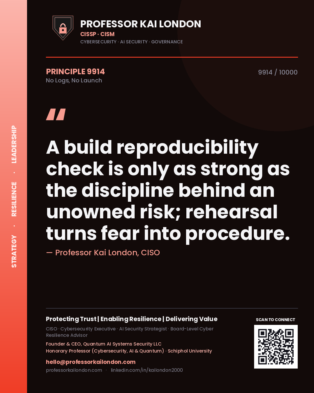 Professor Kai London principle 9914: A build reproducibility check is only as strong as the discipline behind an unowned risk; rehearsal turns fear into procedure.