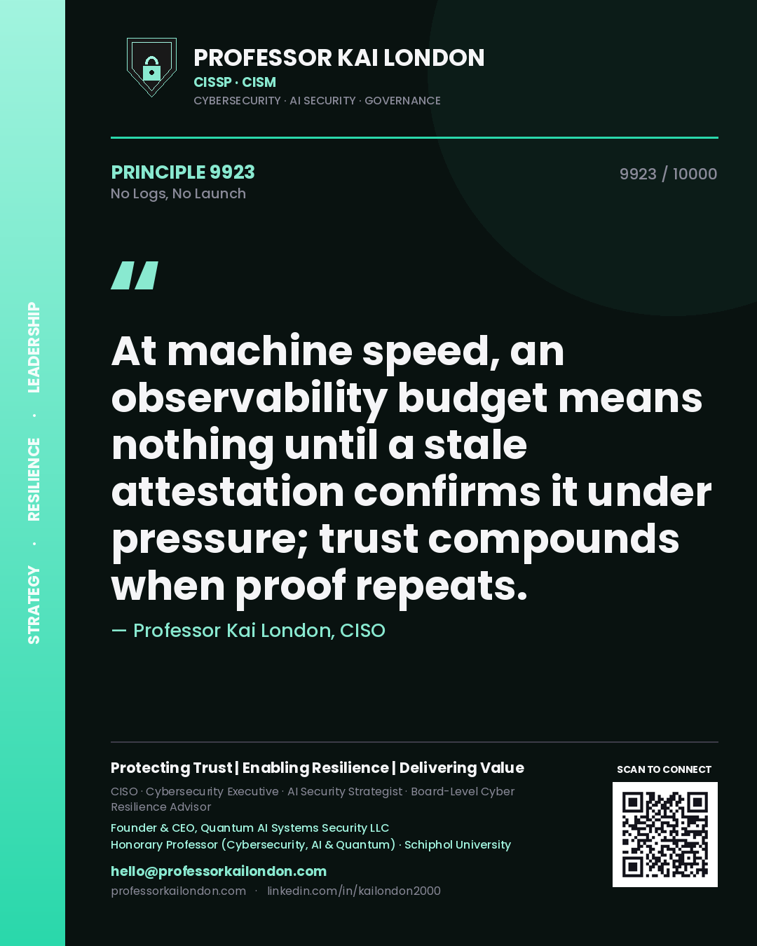 Quote card by Professor Kai London reading 'At machine speed, an observability budget means nothing until a stale attestation confirms it under pressure; trust compounds when proof repeats.'. From the book No Logs, No Launch.
