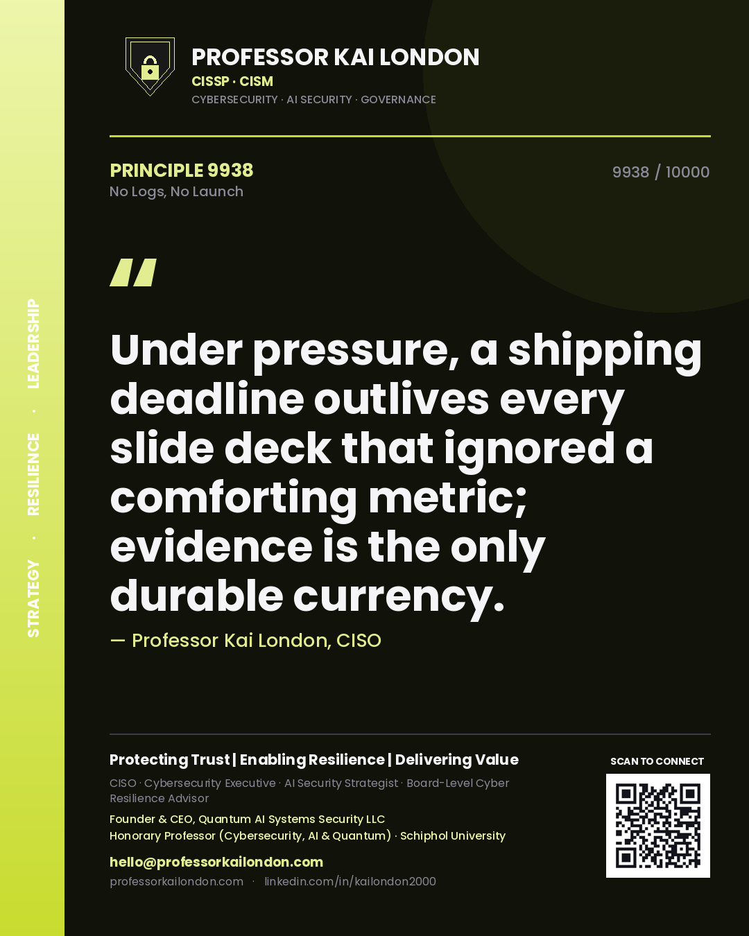 Quote card by Professor Kai London reading 'Under pressure, a shipping deadline outlives every slide deck that ignored a comforting metric; evidence is the only durable currency.'. From the book No Logs, No Launch.