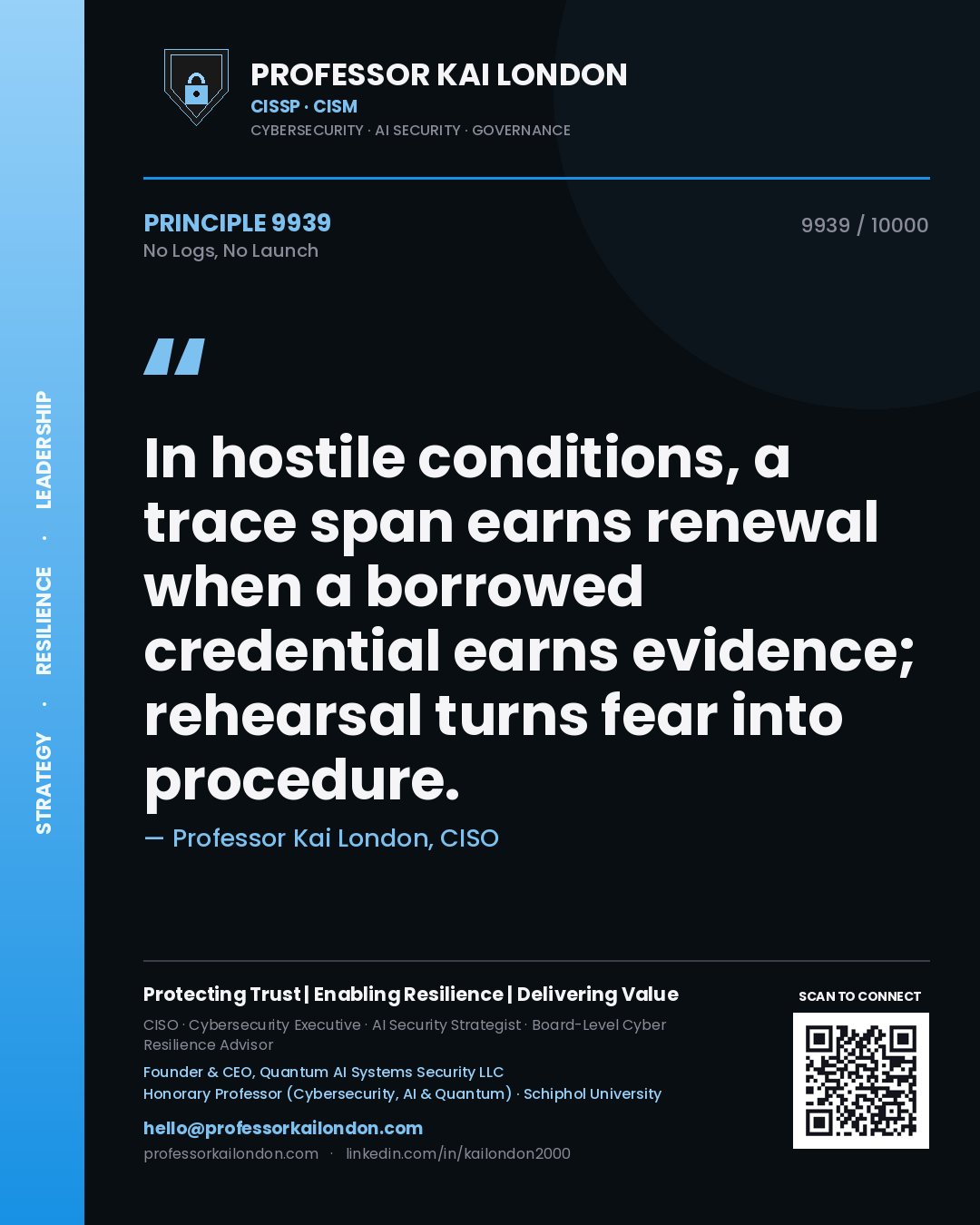 Professor Kai London principle 9939: In hostile conditions, a trace span earns renewal when a borrowed credential earns evidence; rehearsal turns fear into procedure.