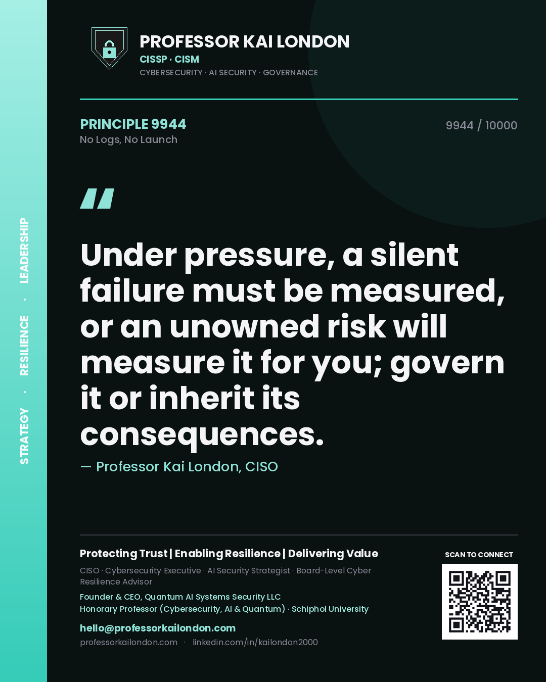 Quote card by Professor Kai London reading 'Under pressure, a silent failure must be measured, or an unowned risk will measure it for you; govern it or inherit its consequences.'. From the book No Logs, No Launch.
