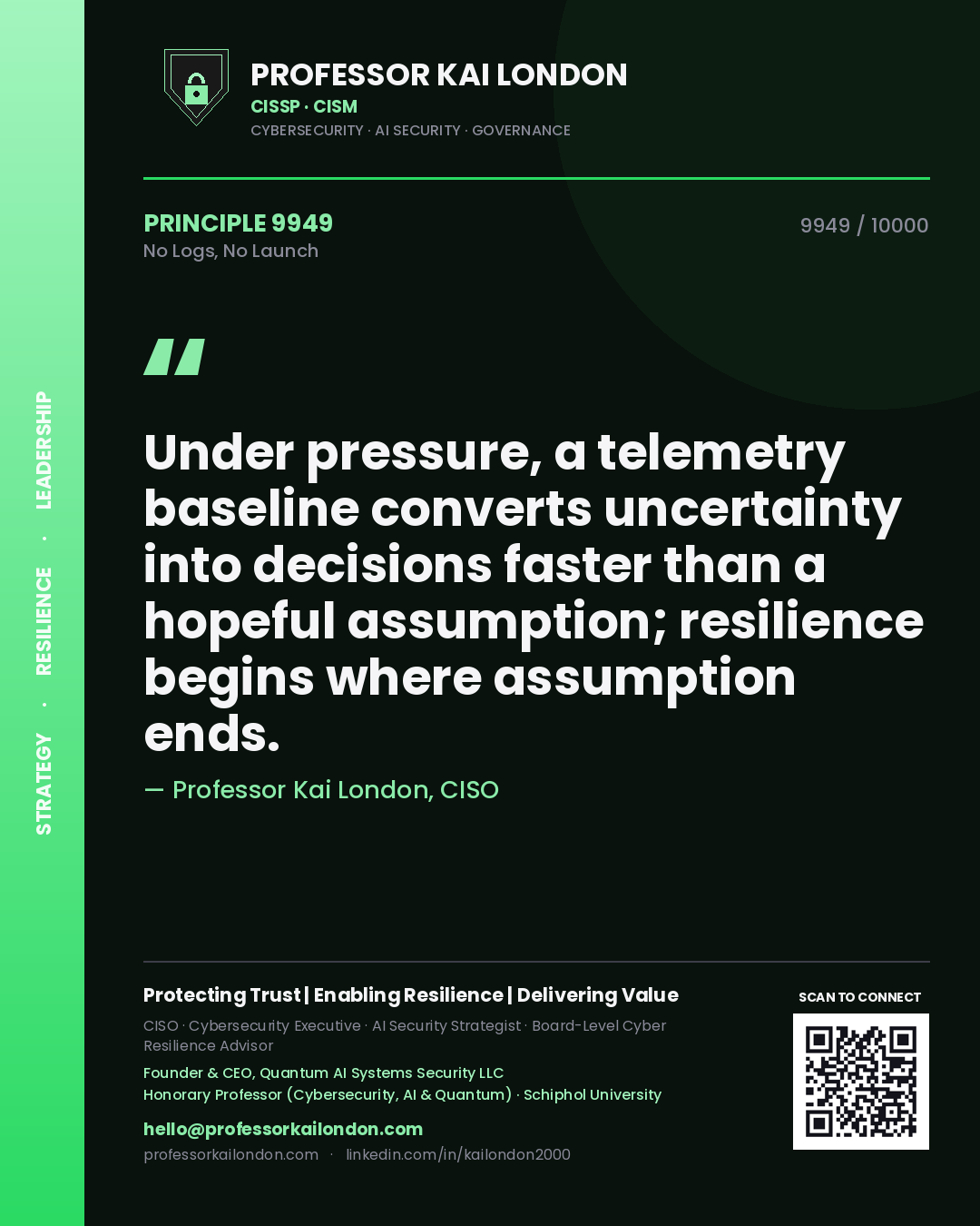 Professor Kai London principle 9949: Under pressure, a telemetry baseline converts uncertainty into decisions faster than a hopeful assumption; resilience begins where assumption ends.