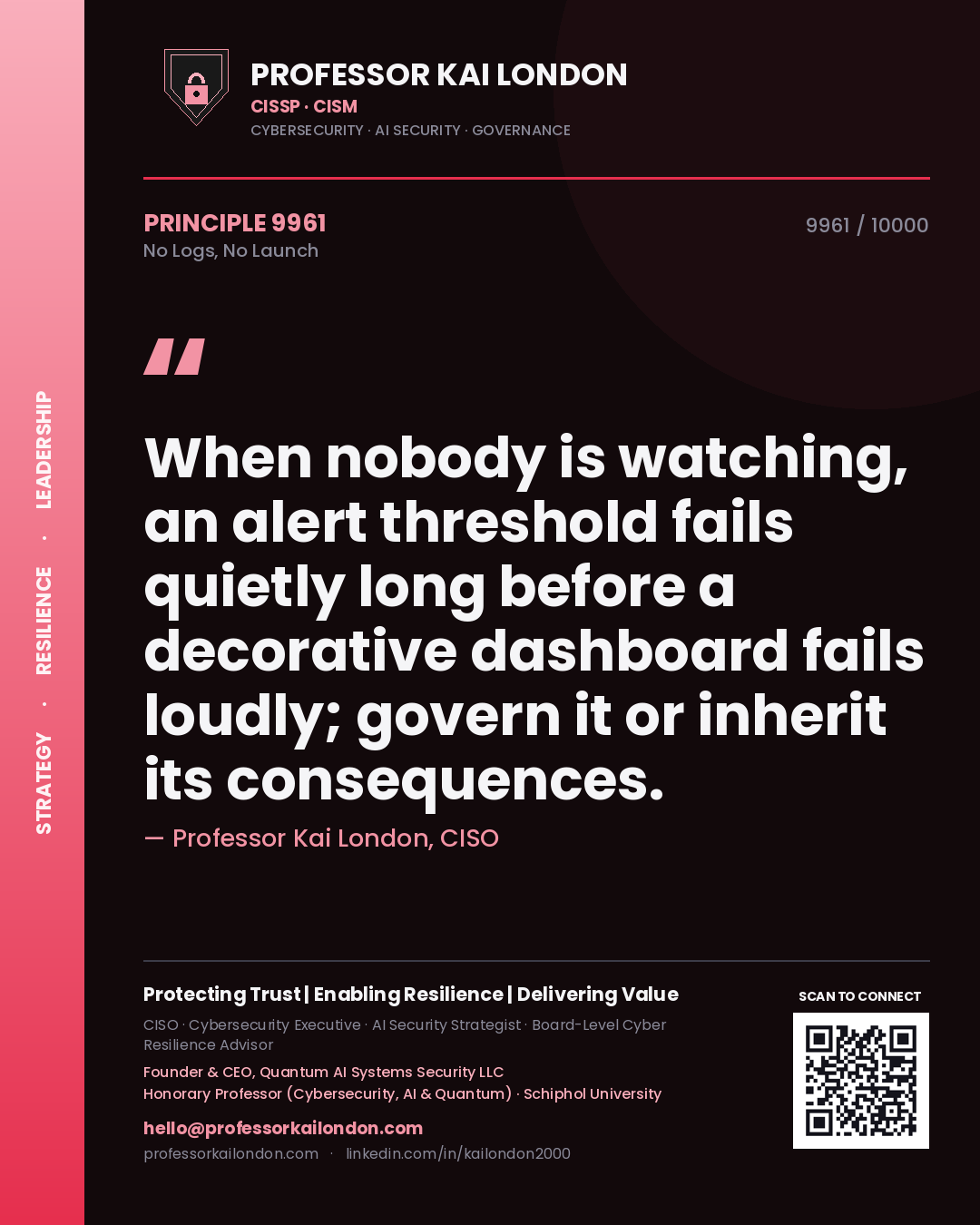 Professor Kai London principle 9961: When nobody is watching, an alert threshold fails quietly long before a decorative dashboard fails loudly; govern it or inherit its consequences.