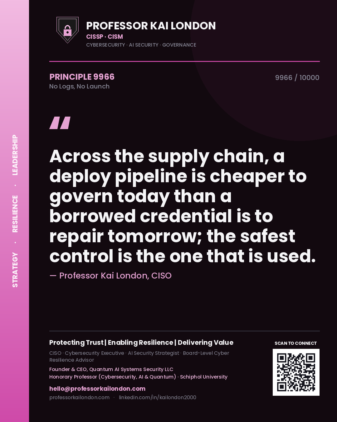 Quote card by Professor Kai London reading 'Across the supply chain, a deploy pipeline is cheaper to govern today than a borrowed credential is to repair tomorrow; the safest control is the one that is used.'. From the book No Logs, No Launch.