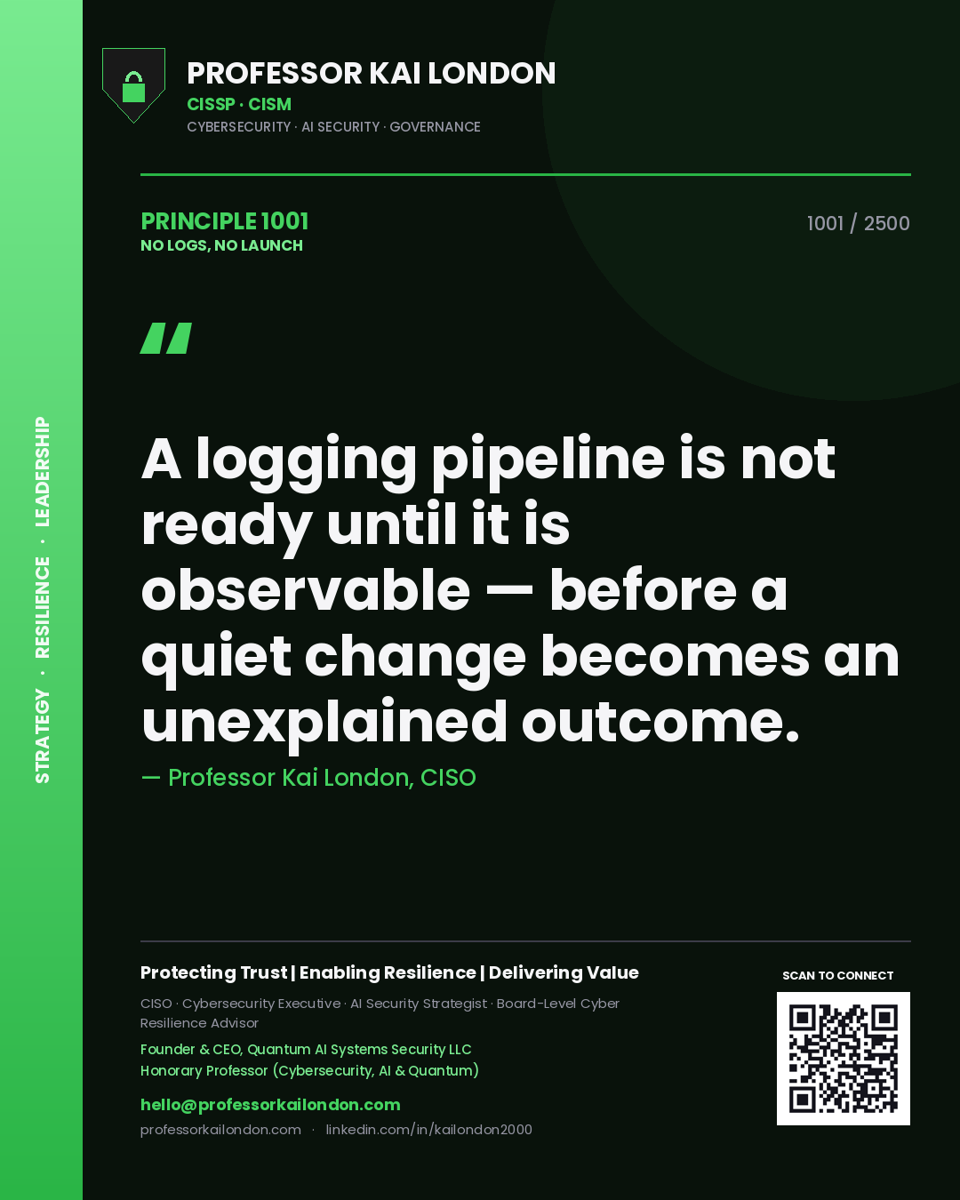 Professor Kai London principle 1001: A logging pipeline is not ready until it is observable — before a quiet change becomes an unexplained outcome.