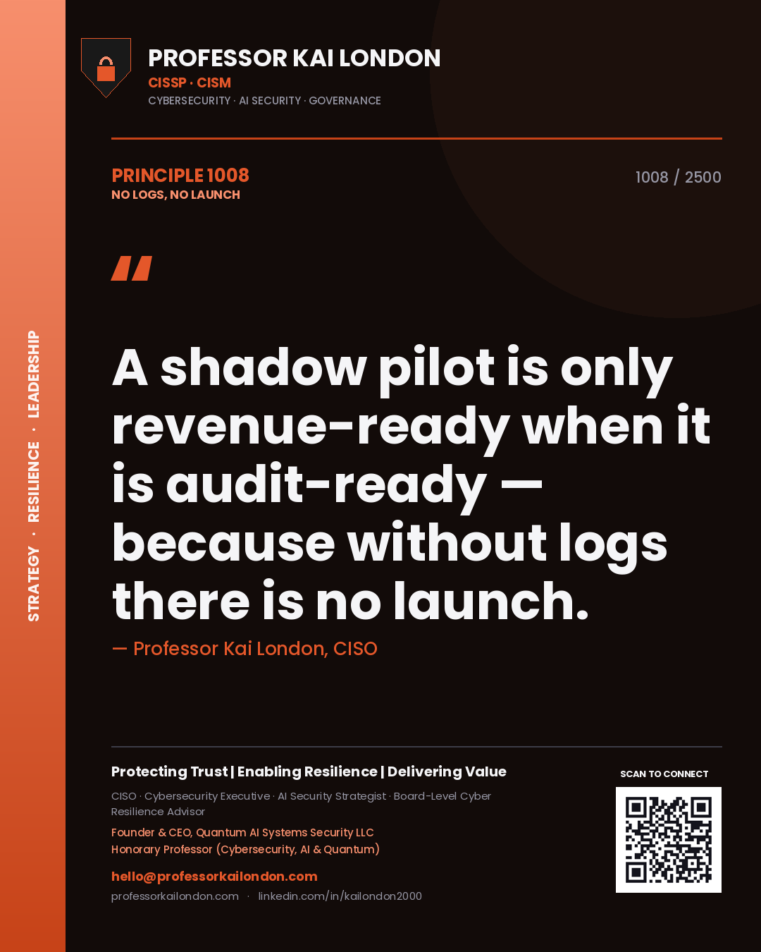 Quote card by Professor Kai London reading 'A shadow pilot is only revenue-ready when it is audit-ready — because without logs there is no launch.'. From the book No Logs, No Launch.