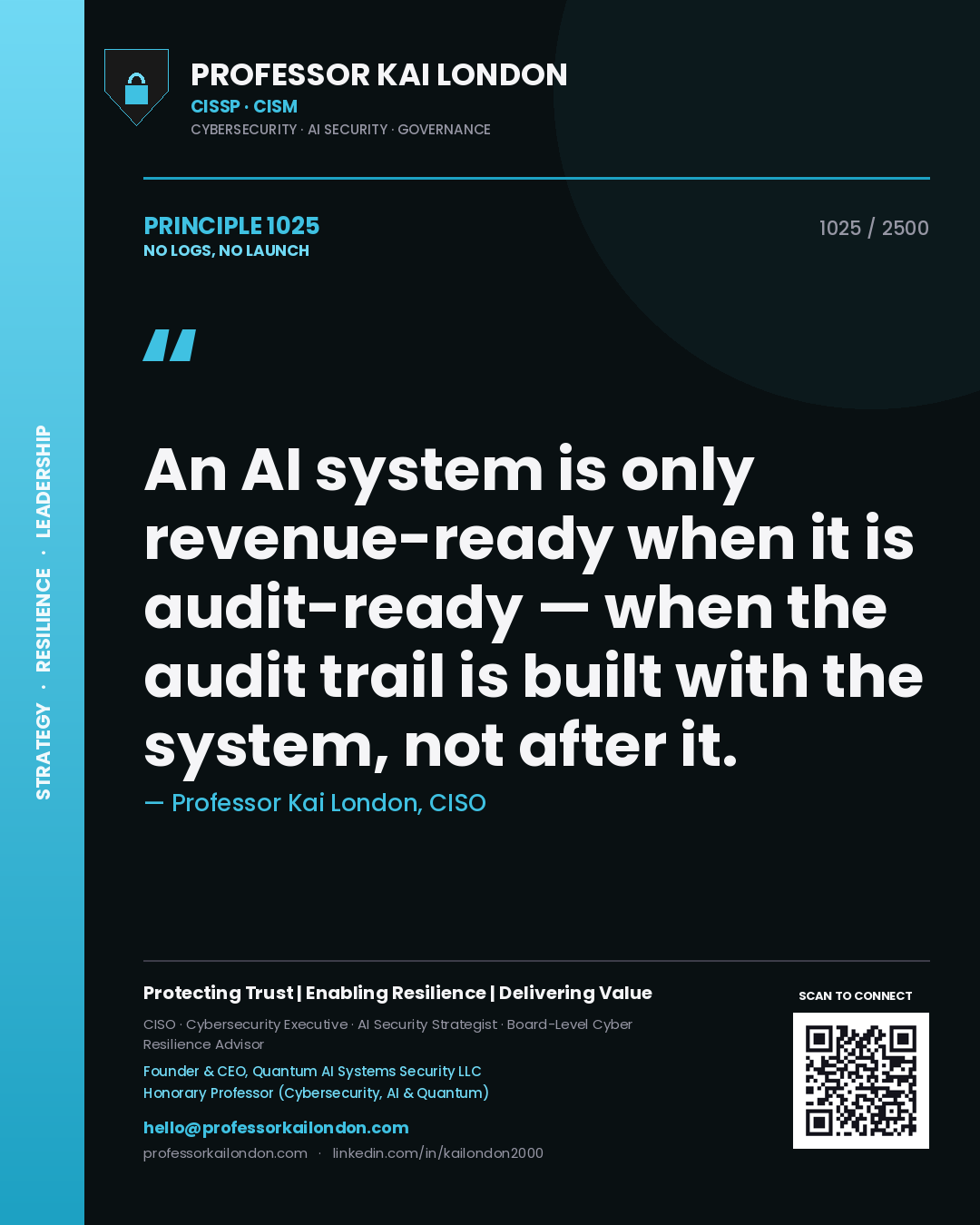 Quote card by Professor Kai London reading 'An AI system is only revenue-ready when it is audit-ready — when the audit trail is built with the system, not after it.'. From the book No Logs, No Launch.