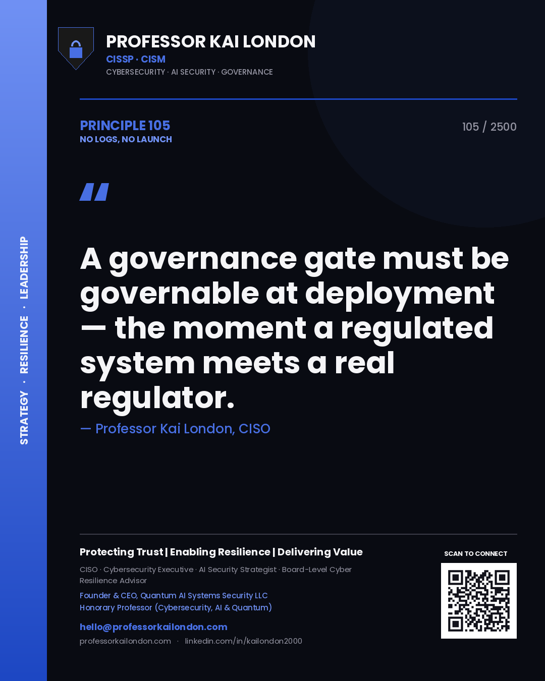 Professor Kai London principle 105: A governance gate must be governable at deployment — the moment a regulated system meets a real regulator.