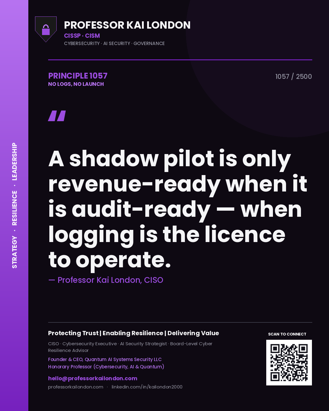 Professor Kai London principle 1057: A shadow pilot is only revenue-ready when it is audit-ready — when logging is the licence to operate.