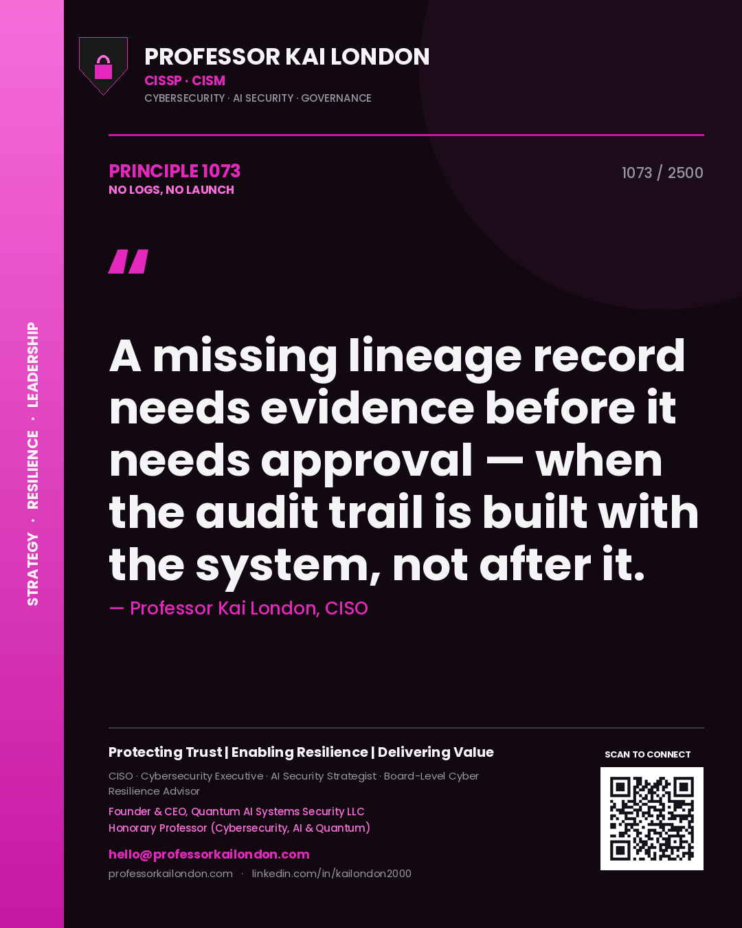 Professor Kai London principle 1073: A missing lineage record needs evidence before it needs approval — when the audit trail is built with the system, not after it.