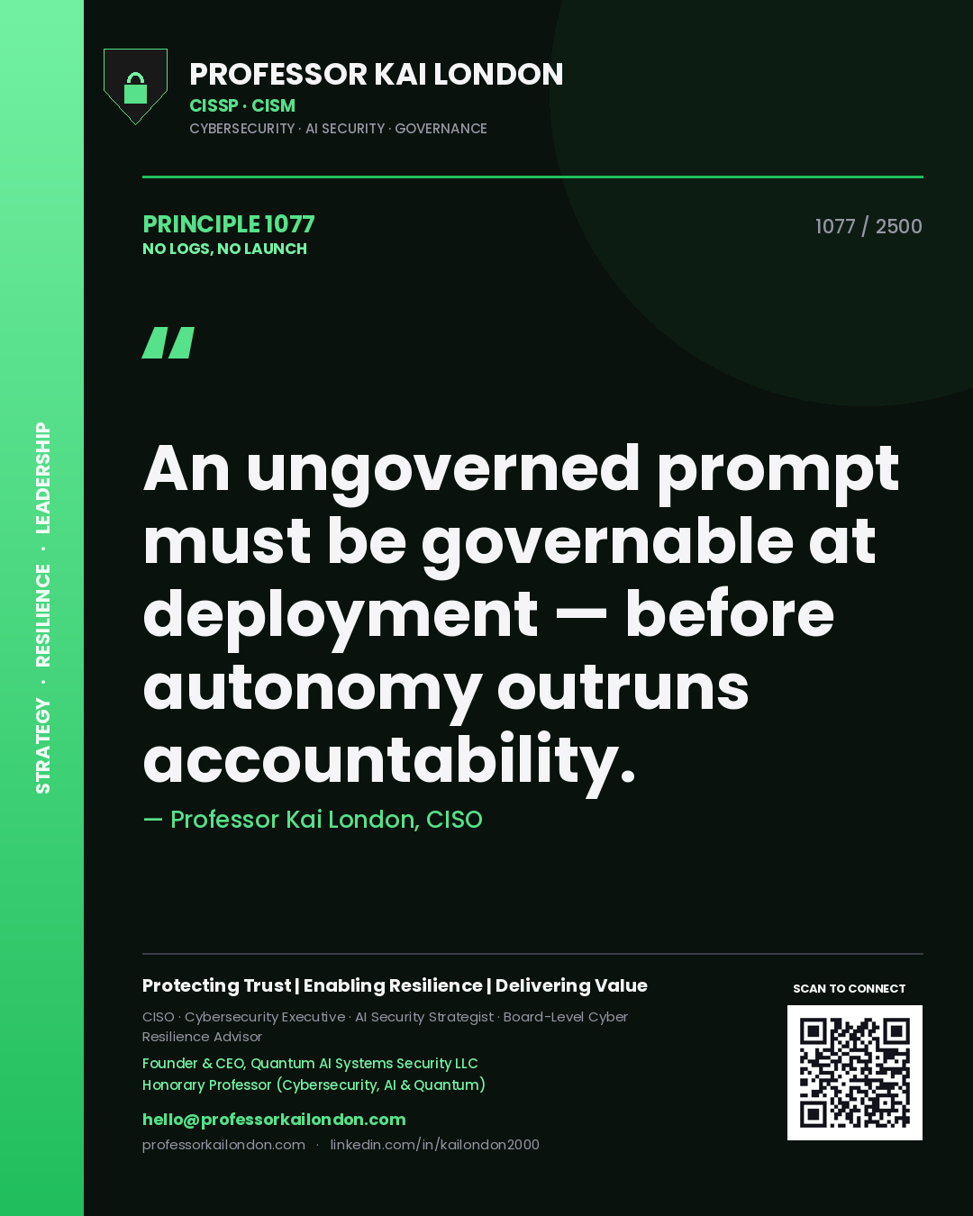 Professor Kai London principle 1077: An ungoverned prompt must be governable at deployment — before autonomy outruns accountability.