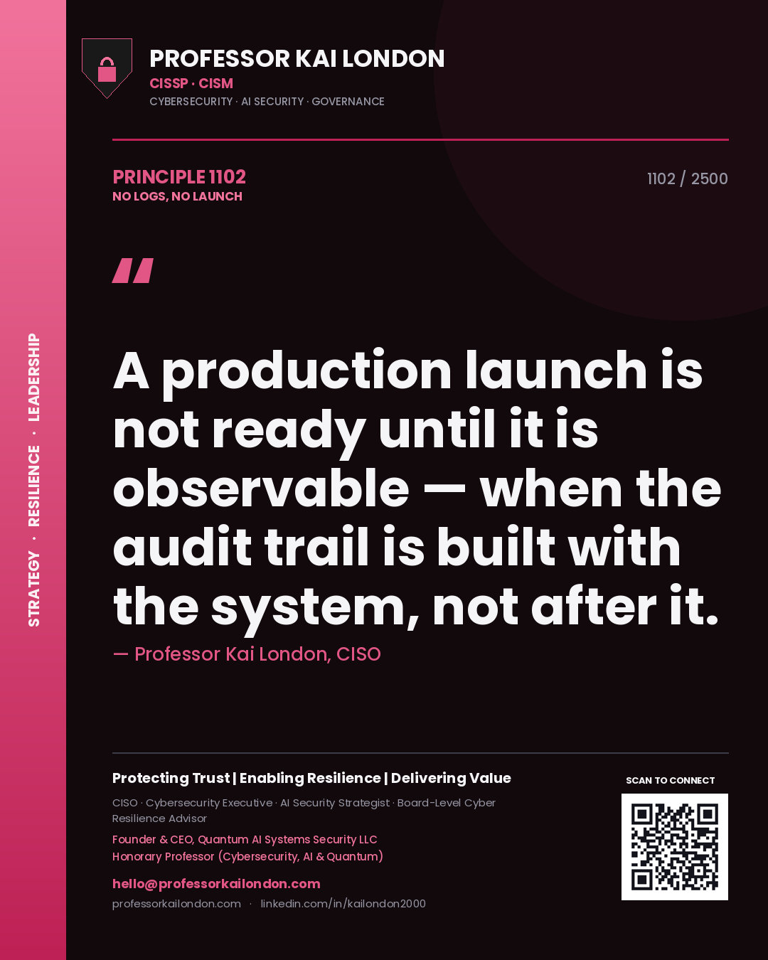 Professor Kai London principle 1102: A production launch is not ready until it is observable — when the audit trail is built with the system, not after it.