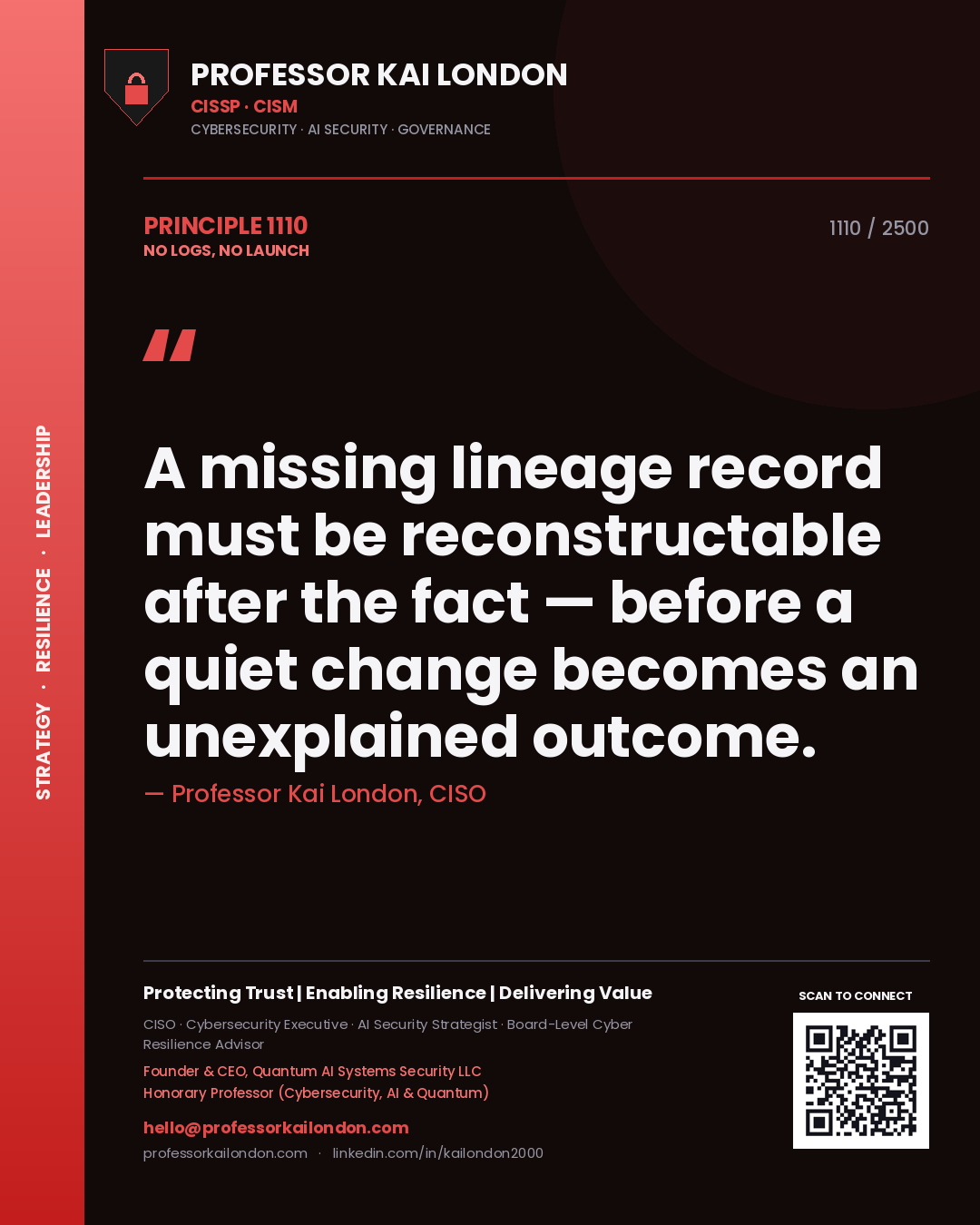 Quote card by Professor Kai London reading 'A missing lineage record must be reconstructable after the fact — before a quiet change becomes an unexplained outcome.'. From the book No Logs, No Launch.