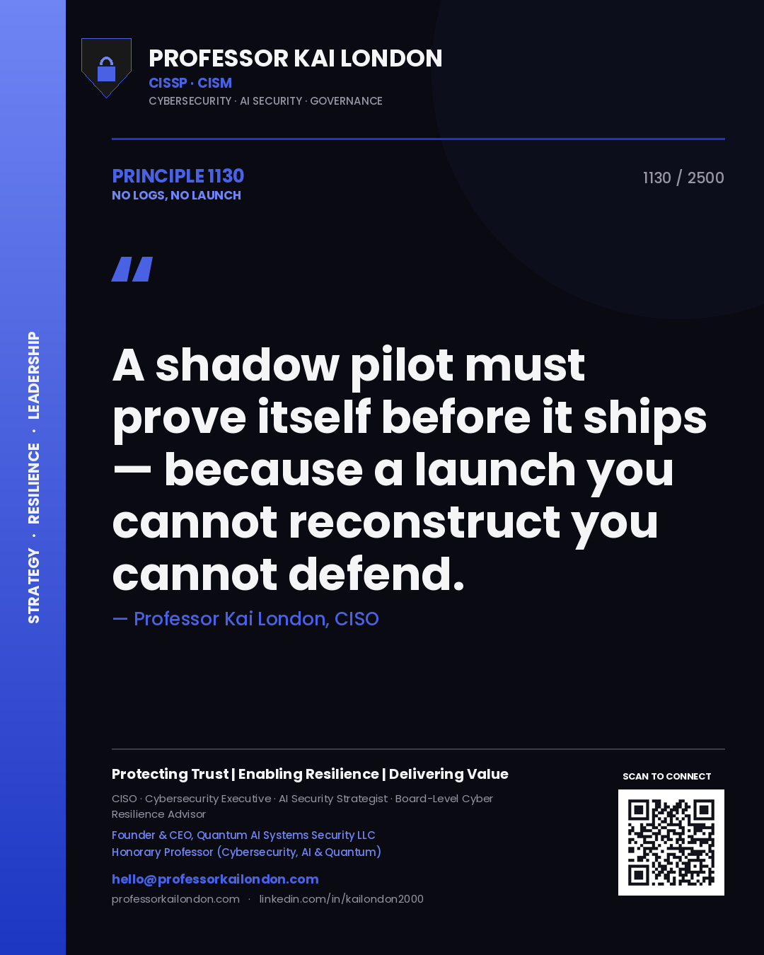 Professor Kai London principle 1130: A shadow pilot must prove itself before it ships — because a launch you cannot reconstruct you cannot defend.