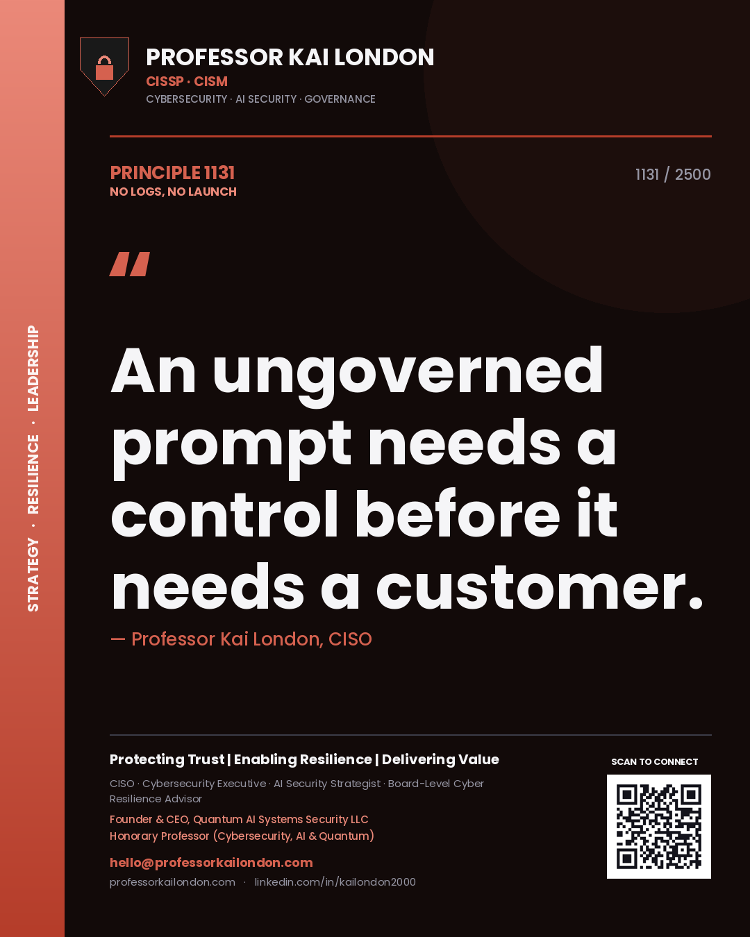 Quote card by Professor Kai London reading 'An ungoverned prompt needs a control before it needs a customer.'. From the book No Logs, No Launch.
