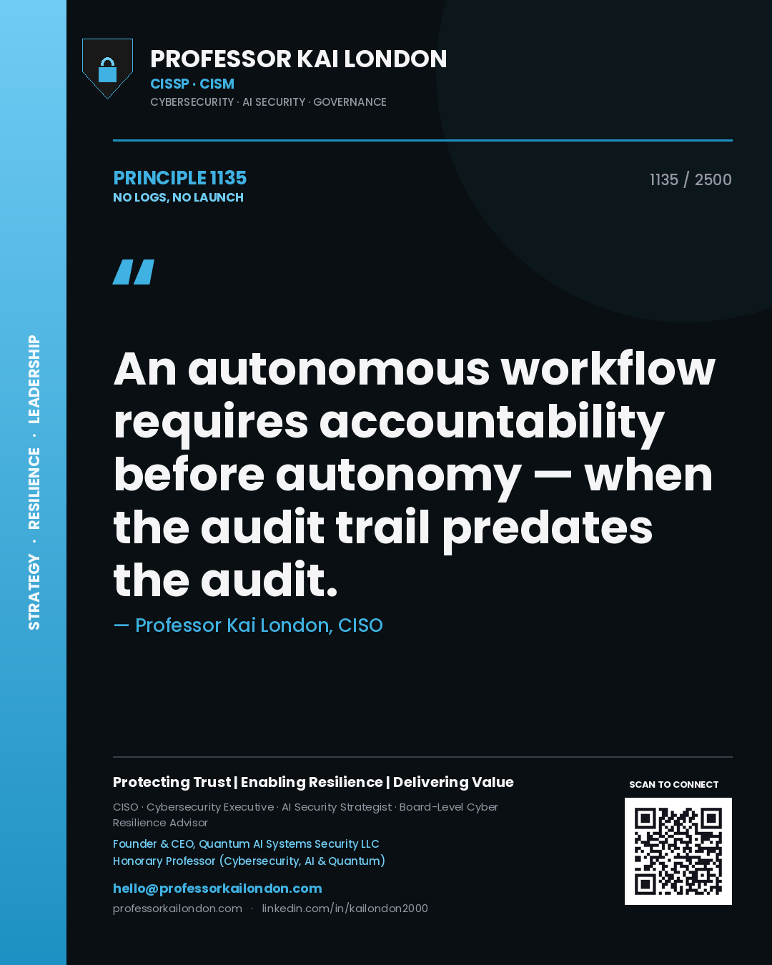 Professor Kai London principle 1135: An autonomous workflow requires accountability before autonomy — when the audit trail predates the audit.