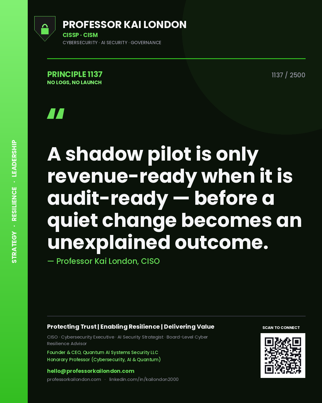Quote card by Professor Kai London reading 'A shadow pilot is only revenue-ready when it is audit-ready — before a quiet change becomes an unexplained outcome.'. From the book No Logs, No Launch.