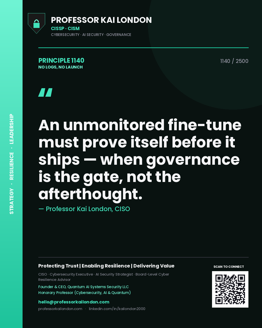 Quote card by Professor Kai London reading 'An unmonitored fine-tune must prove itself before it ships — when governance is the gate, not the afterthought.'. From the book No Logs, No Launch.