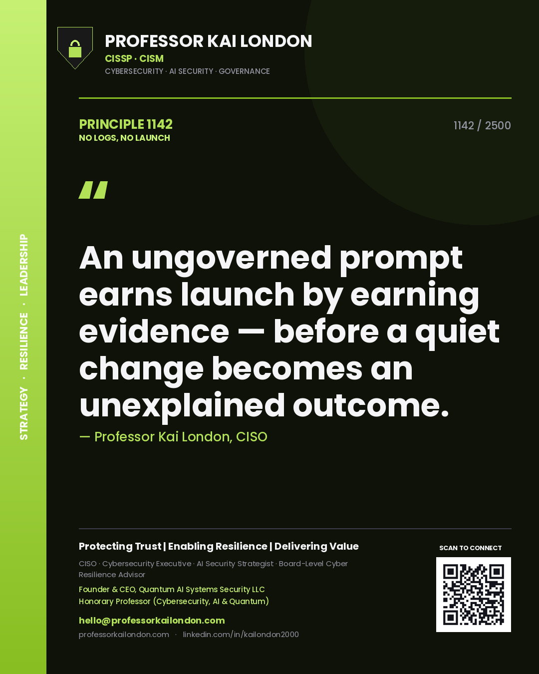 Professor Kai London principle 1142: An ungoverned prompt earns launch by earning evidence — before a quiet change becomes an unexplained outcome.