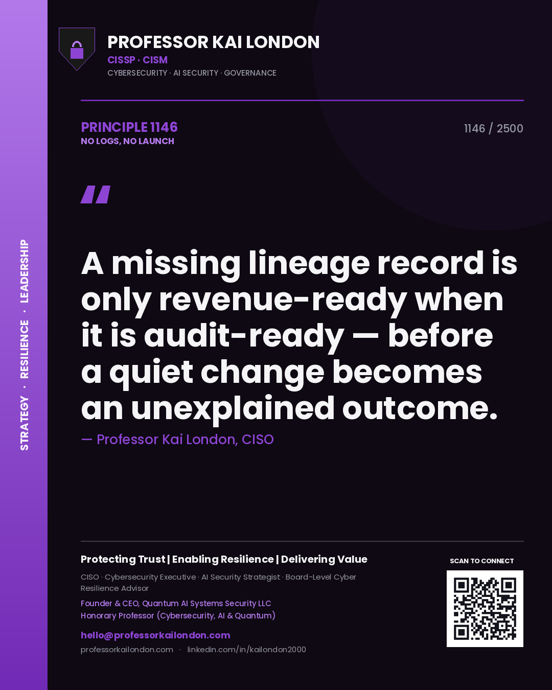 Quote card by Professor Kai London reading 'A missing lineage record is only revenue-ready when it is audit-ready — before a quiet change becomes an unexplained outcome.'. From the book No Logs, No Launch.