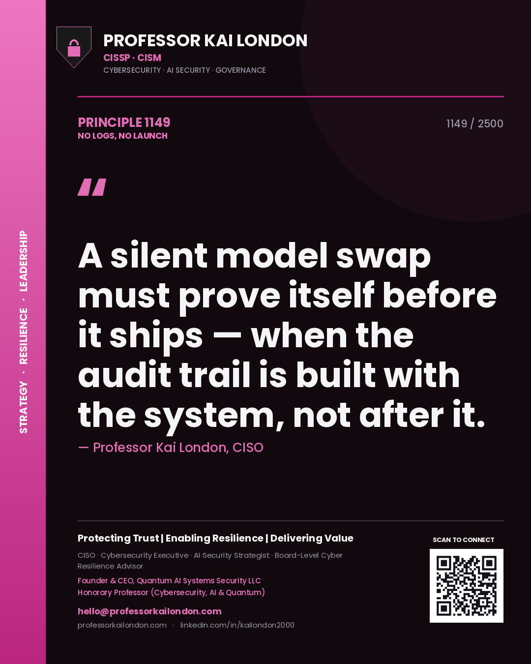 Professor Kai London principle 1149: A silent model swap must prove itself before it ships — when the audit trail is built with the system, not after it.