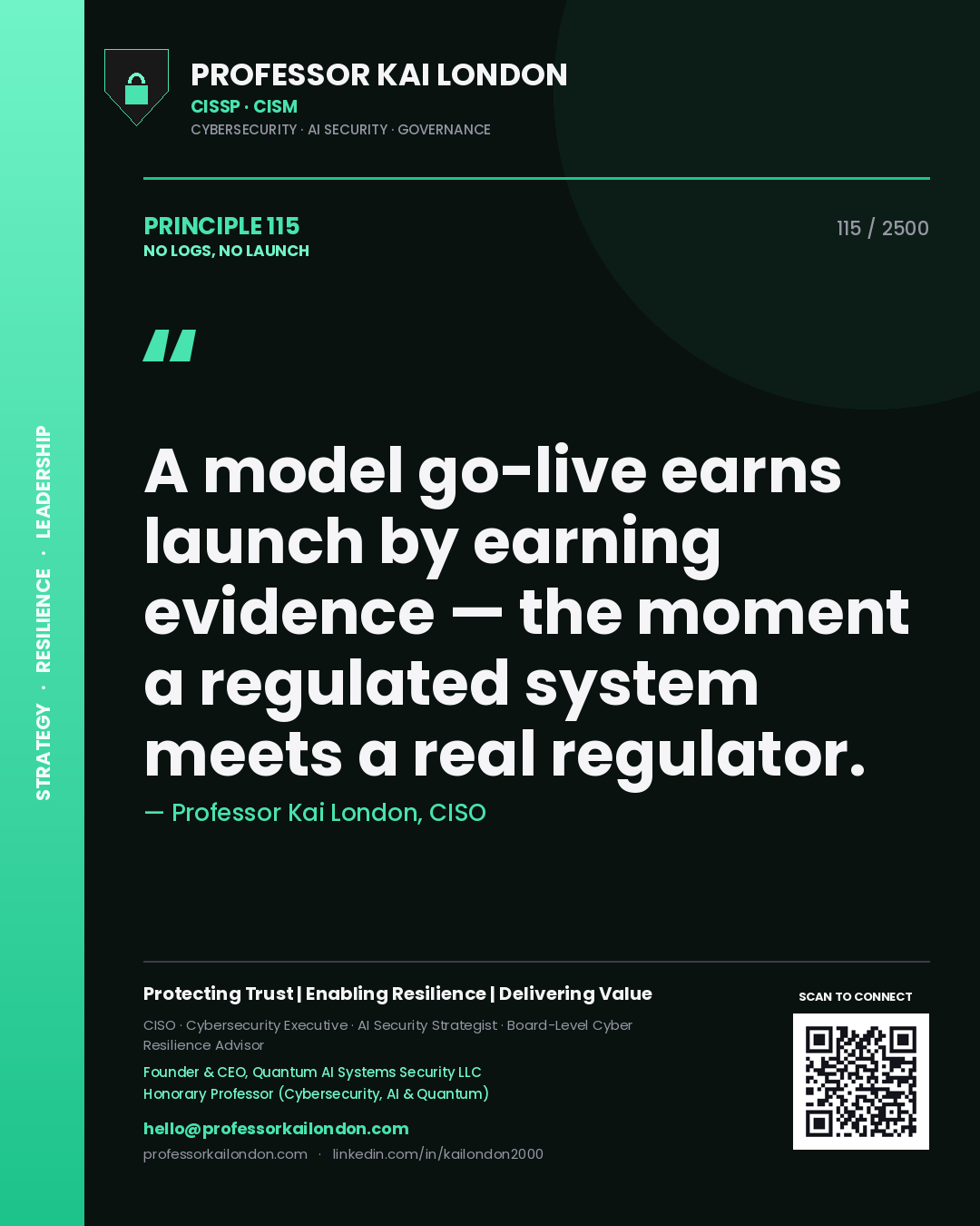 Professor Kai London principle 115: A model go-live earns launch by earning evidence — the moment a regulated system meets a real regulator.