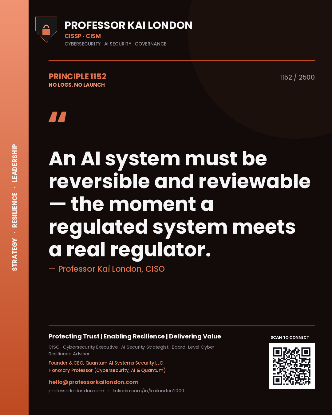 Professor Kai London principle 1152: An AI system must be reversible and reviewable — the moment a regulated system meets a real regulator.