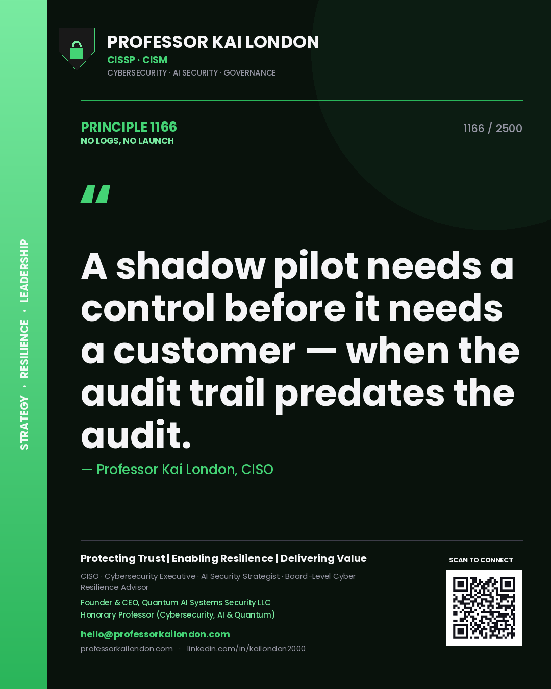 Quote card by Professor Kai London reading 'A shadow pilot needs a control before it needs a customer — when the audit trail predates the audit.'. From the book No Logs, No Launch.