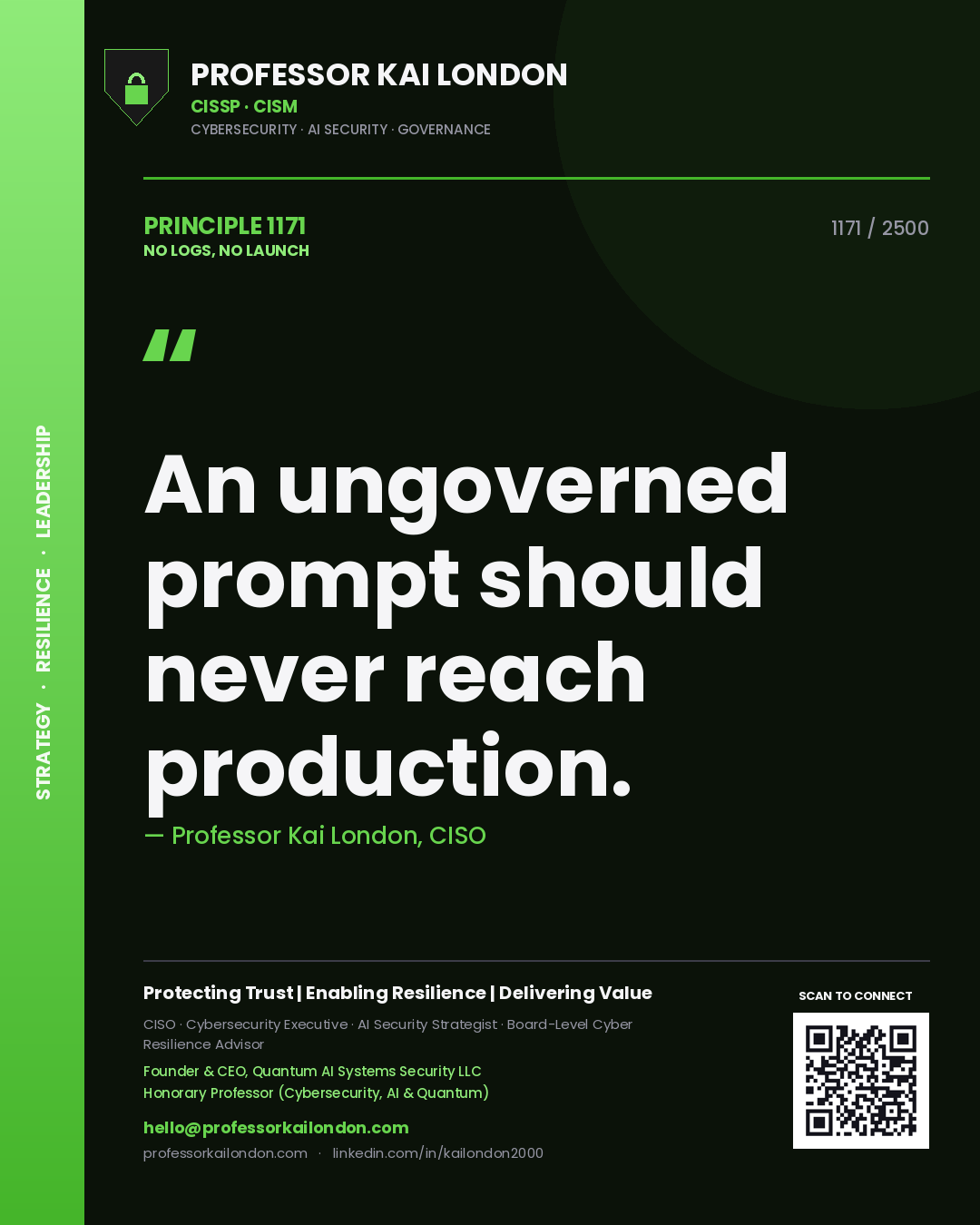 Quote card by Professor Kai London reading 'An ungoverned prompt should never reach production.'. From the book No Logs, No Launch.