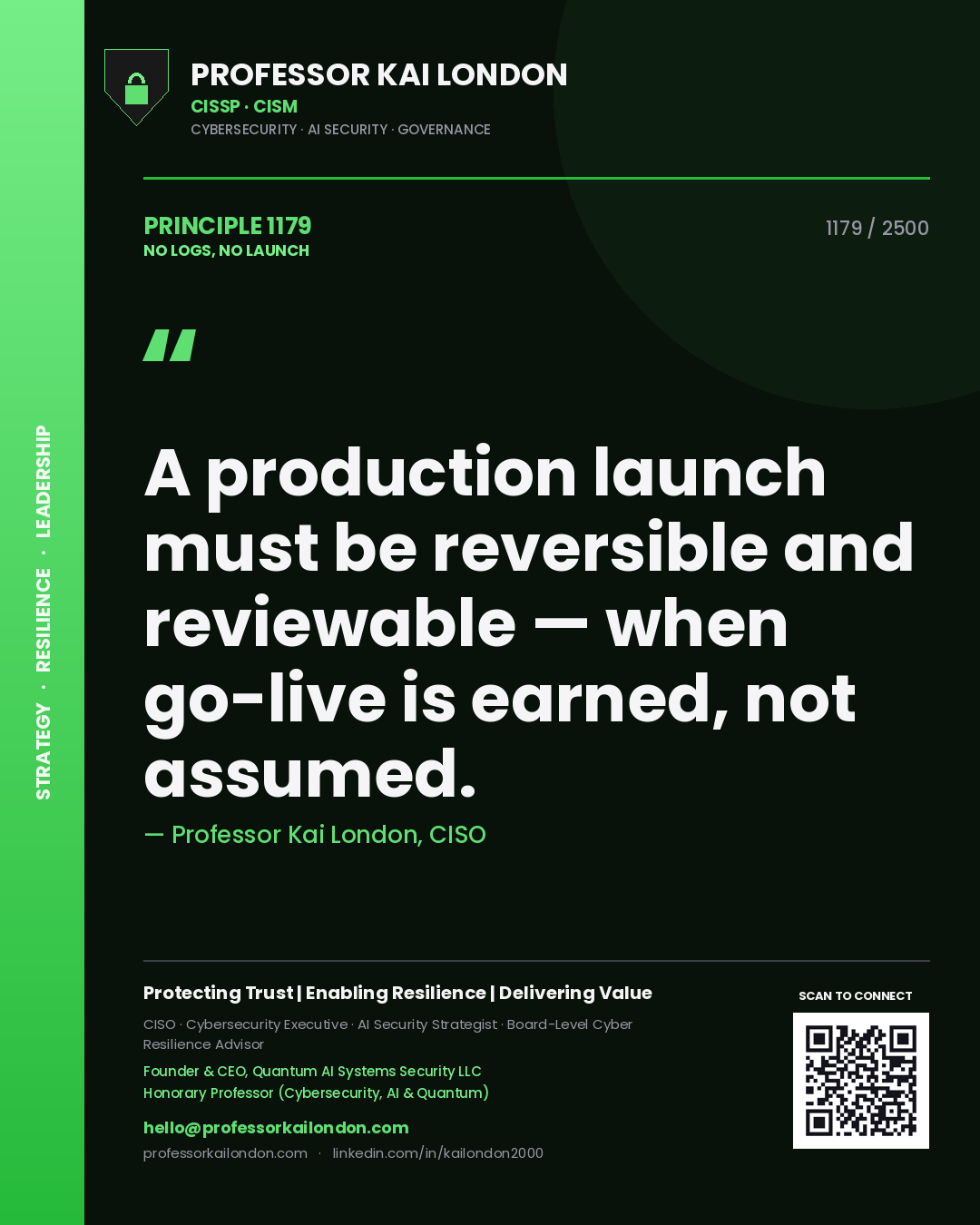 Professor Kai London principle 1179: A production launch must be reversible and reviewable — when go-live is earned, not assumed.