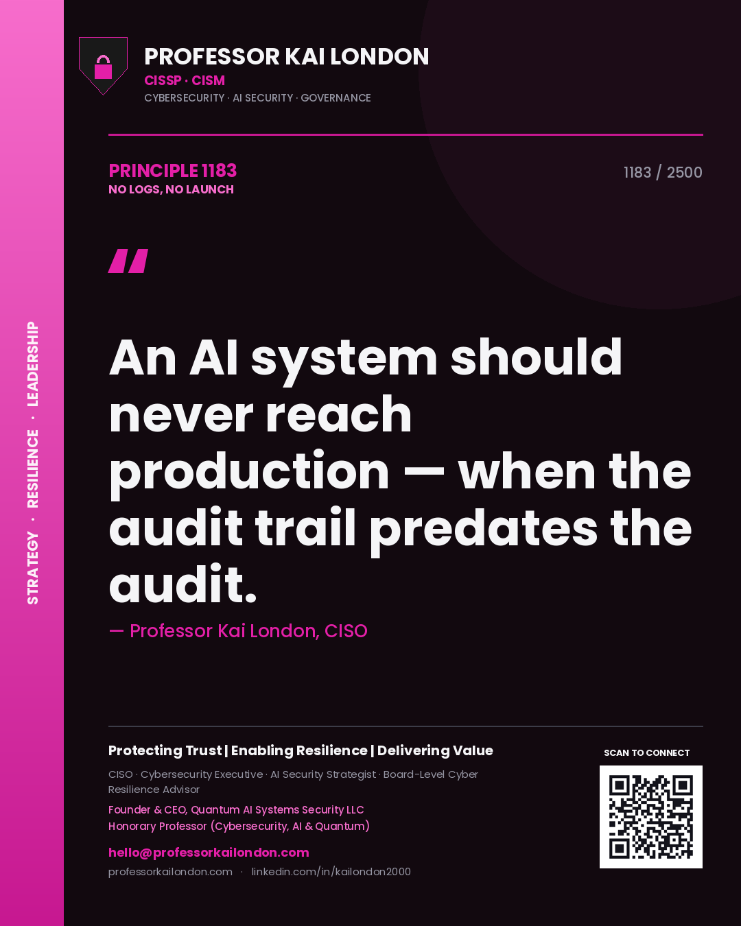 Professor Kai London principle 1183: An AI system should never reach production — when the audit trail predates the audit.