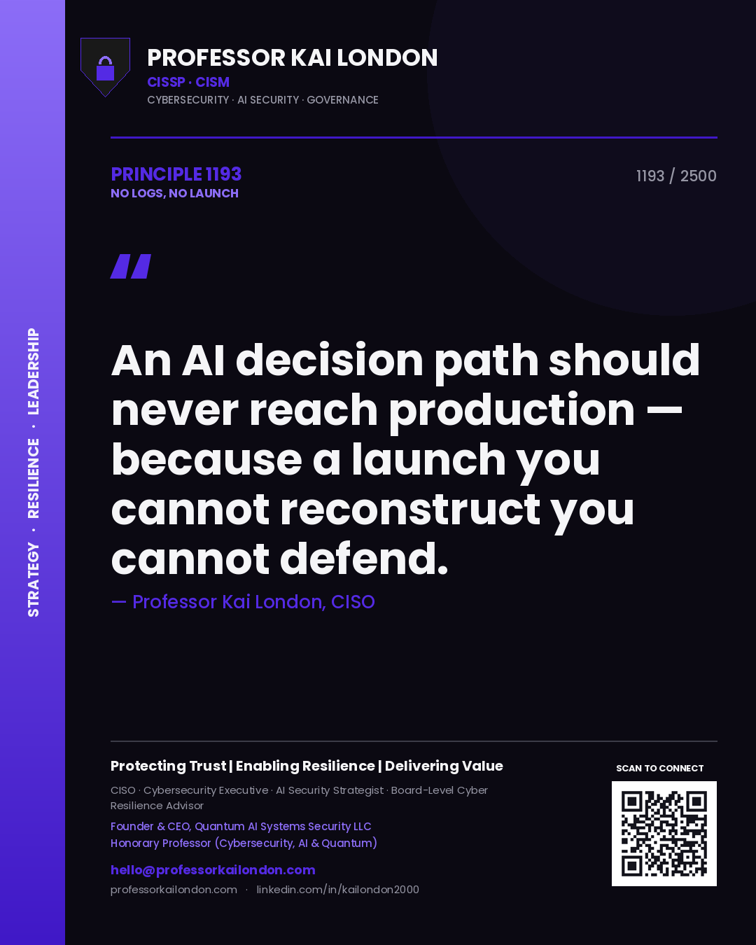 Quote card by Professor Kai London reading 'An AI decision path should never reach production — because a launch you cannot reconstruct you cannot defend.'. From the book No Logs, No Launch.