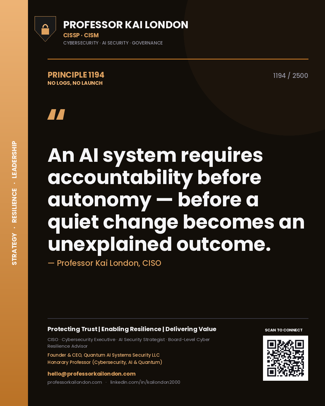 Professor Kai London principle 1194: An AI system requires accountability before autonomy — before a quiet change becomes an unexplained outcome.